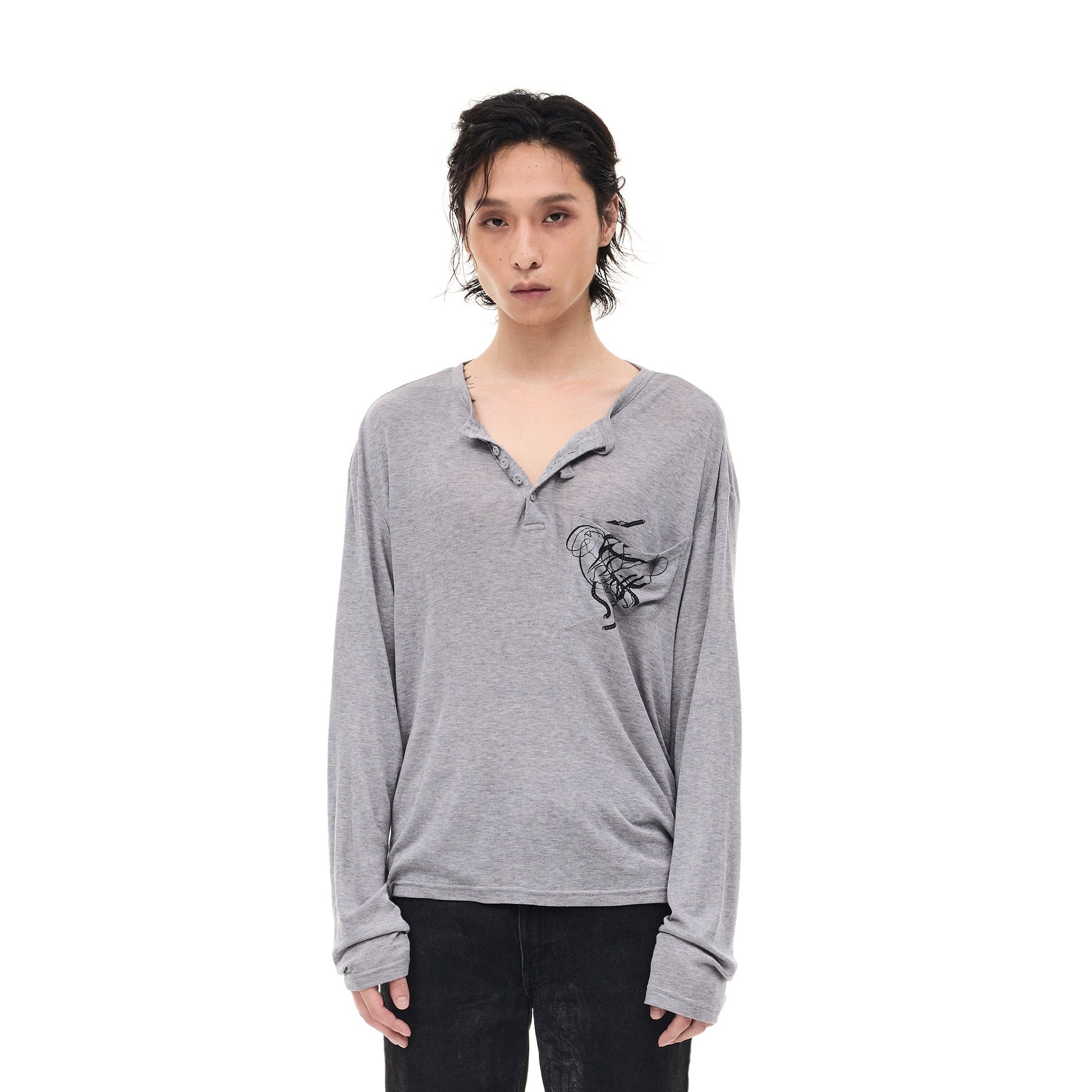 WHISTLEHUNTER Merino-Tencel Henley Graphic Long-Sleeve Tee
