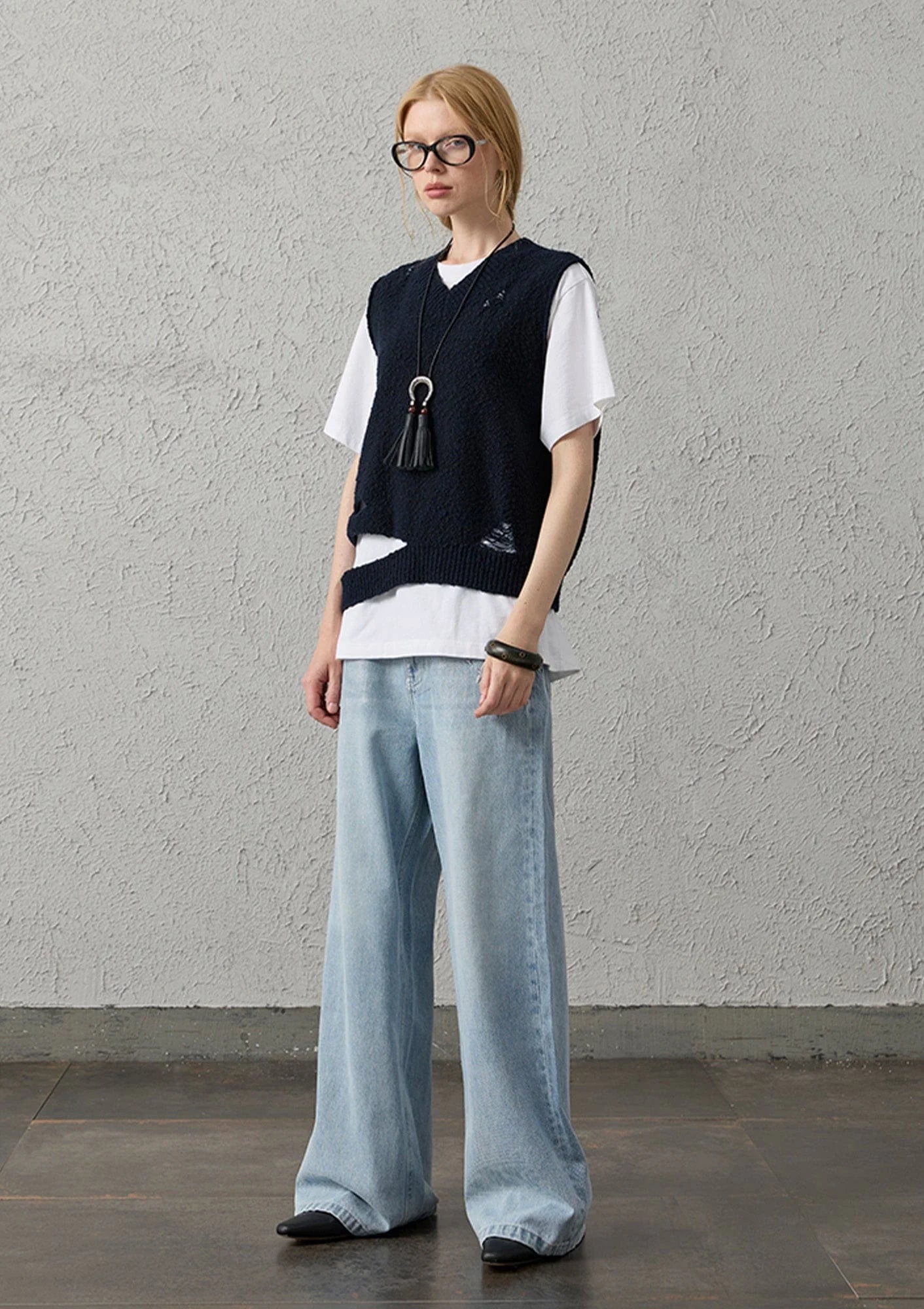 ORGANIC EMOTION Asymmetrical Distressed Bubble-Knit Vest