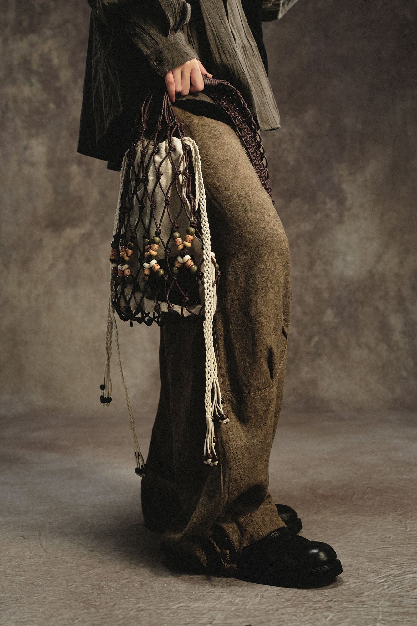 GONGHE REPUB Waxed Cotton Knotted Beaded Mesh Bag