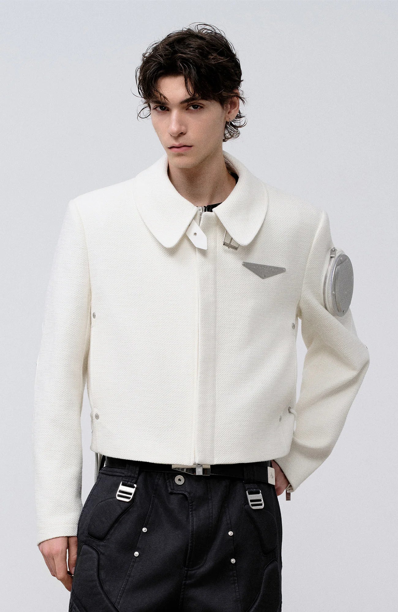 FACEONLAB Arm-Patched Cropped Naval Jacket White