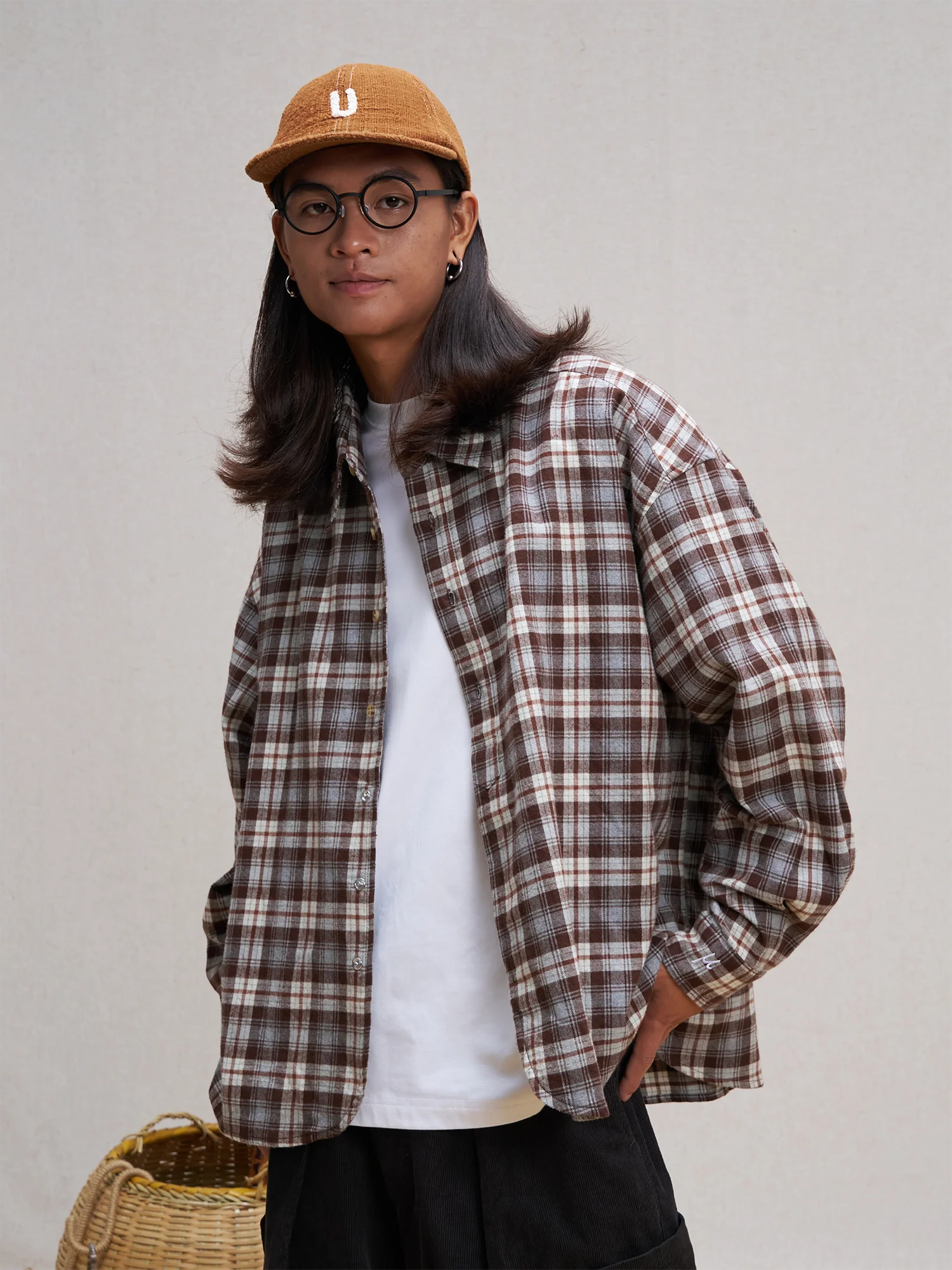UNLIMITED MOTE Plaid Oversized Half-Open Collar Shirt Brown