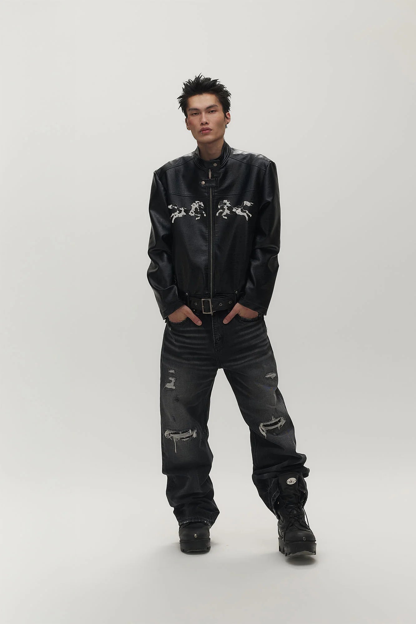 SAVAGEGROWTHWORLD Horse Patch Faux Leather Moto Jacket
