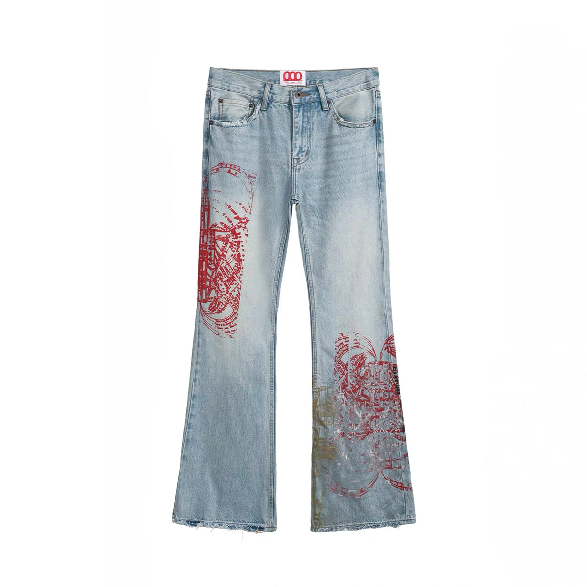 NOTHINGNESS WORLD Distressed Stamp-Print Flare Jeans