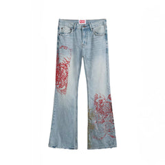 NOTHINGNESS WORLD Distressed Stamp-Print Flare Jeans
