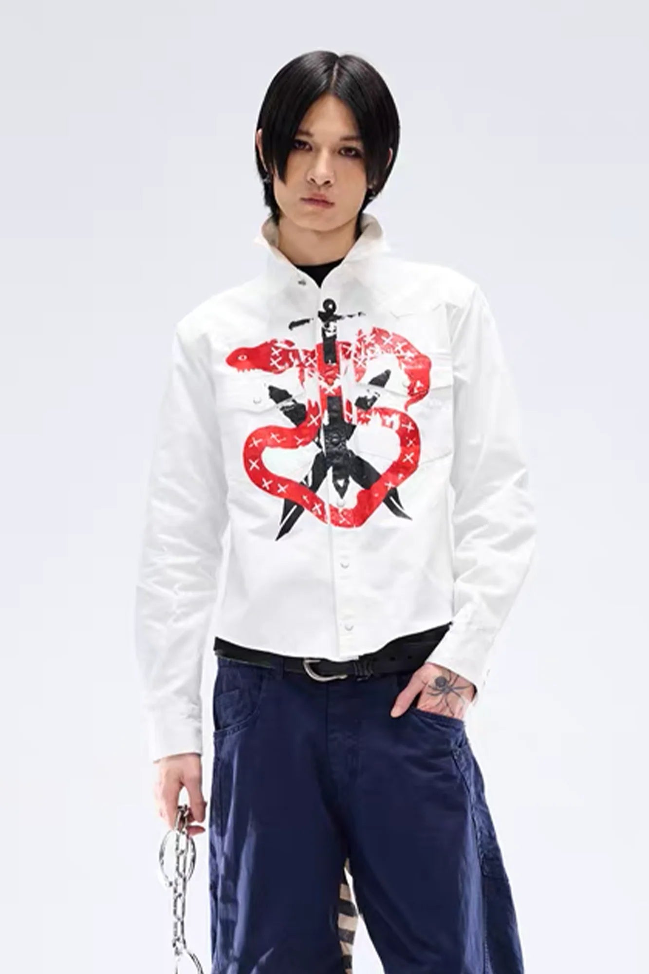 NOTHINGNESS WORLD Snake Graphic Layered-Collar Denim Shirt