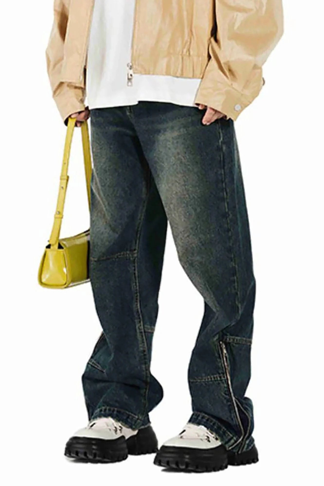 OVERLAPS Washed Knee-Seam Zippered Hem Jeans