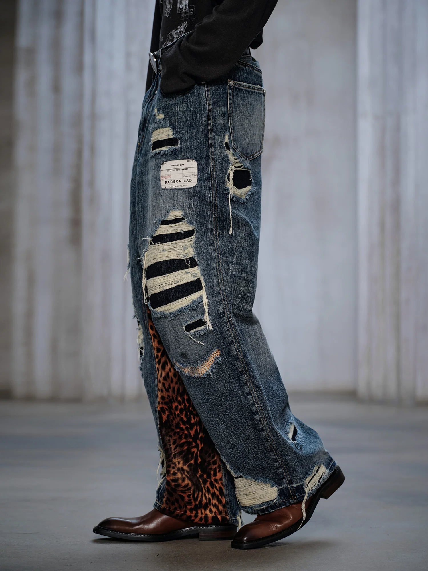FACEONLAB Distressed Patch Leopard Paneled Jeans