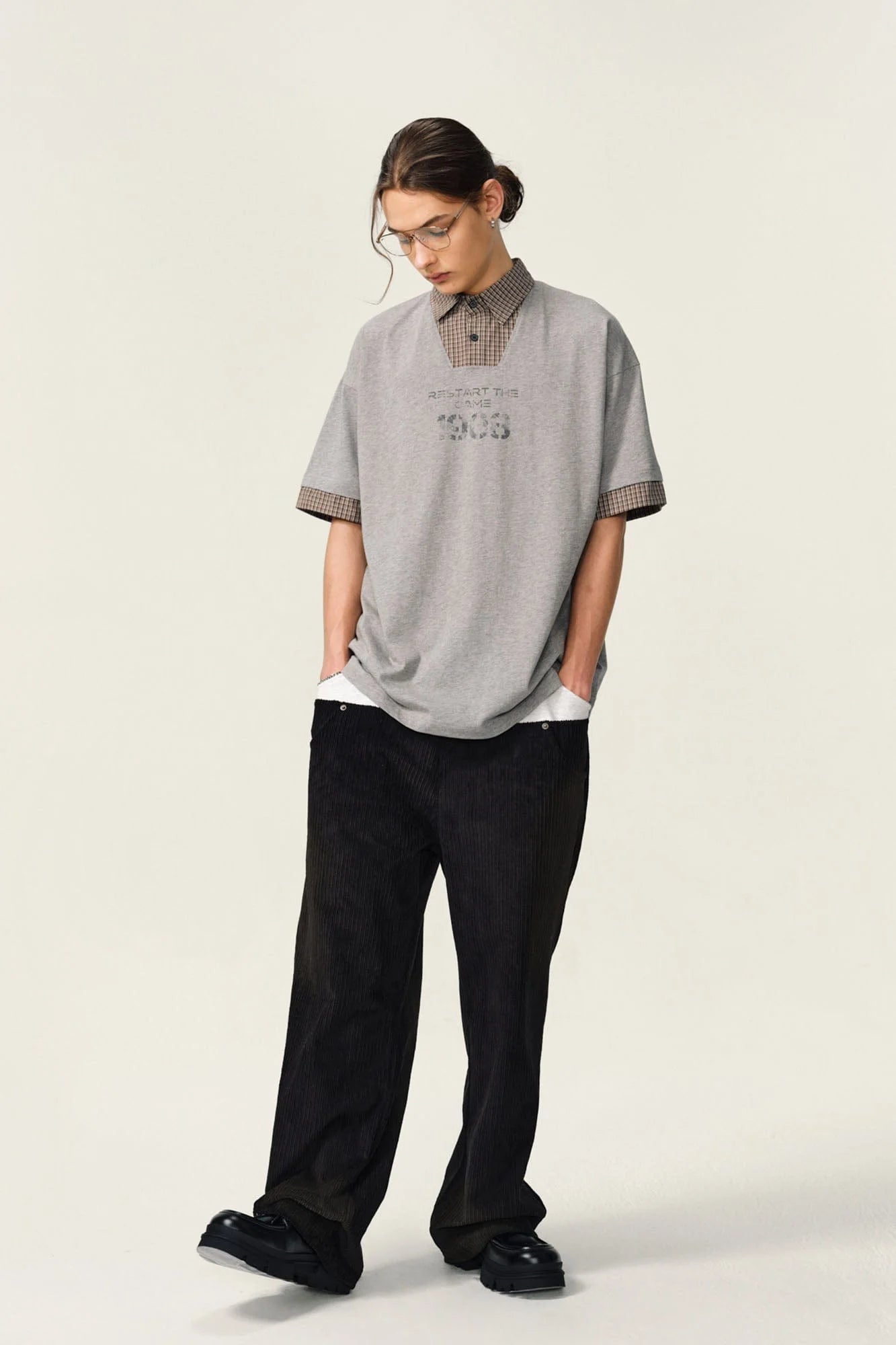 OVDY Layered Plaid Panel Mock Shirt T-Shirt