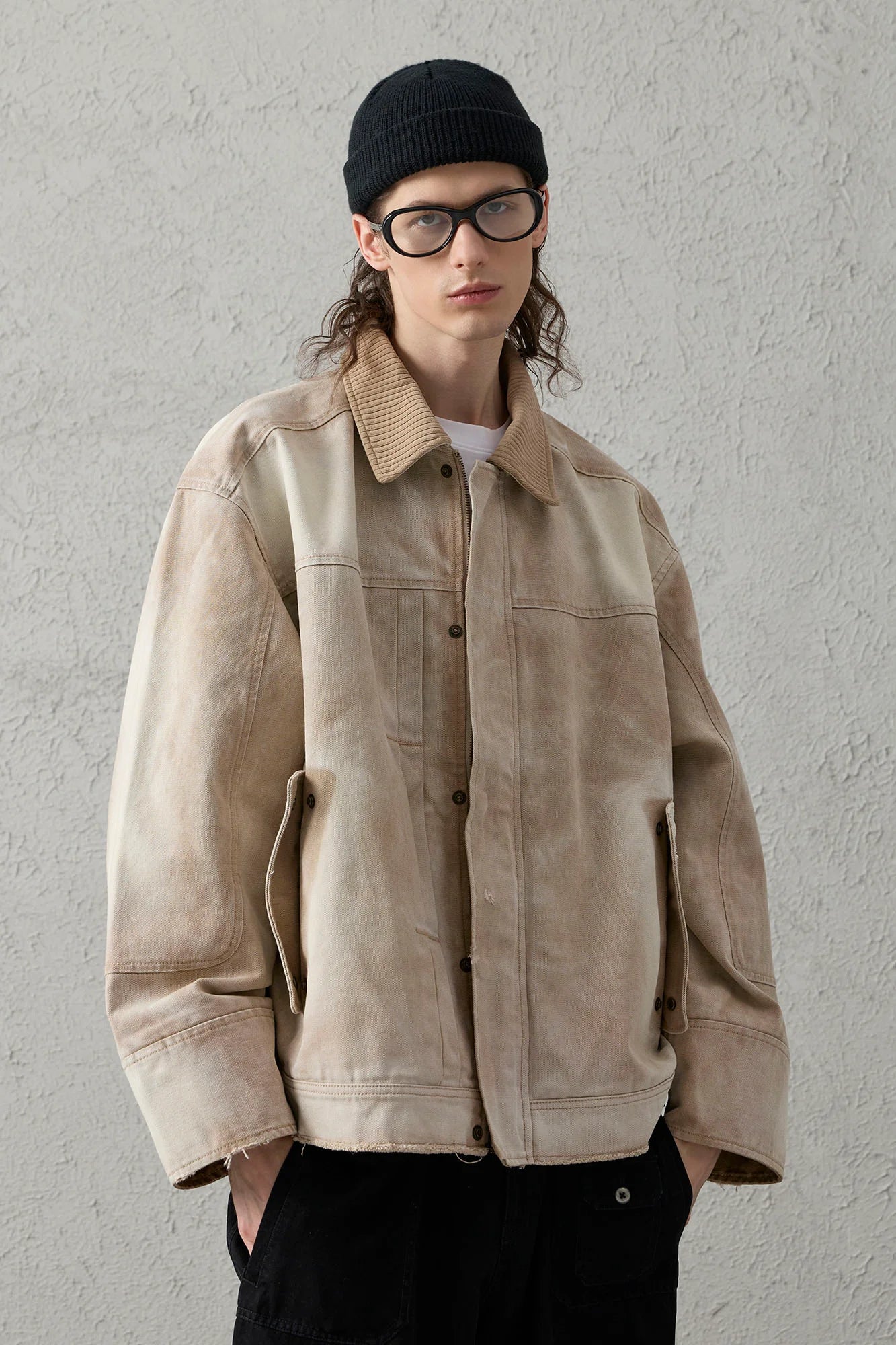 ORGANIC EMOTION Washed Contrast Collar Oversized Snap Jacket
