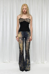DND4DES×Faychui Distressed Leopard Splattered Flared Jeans