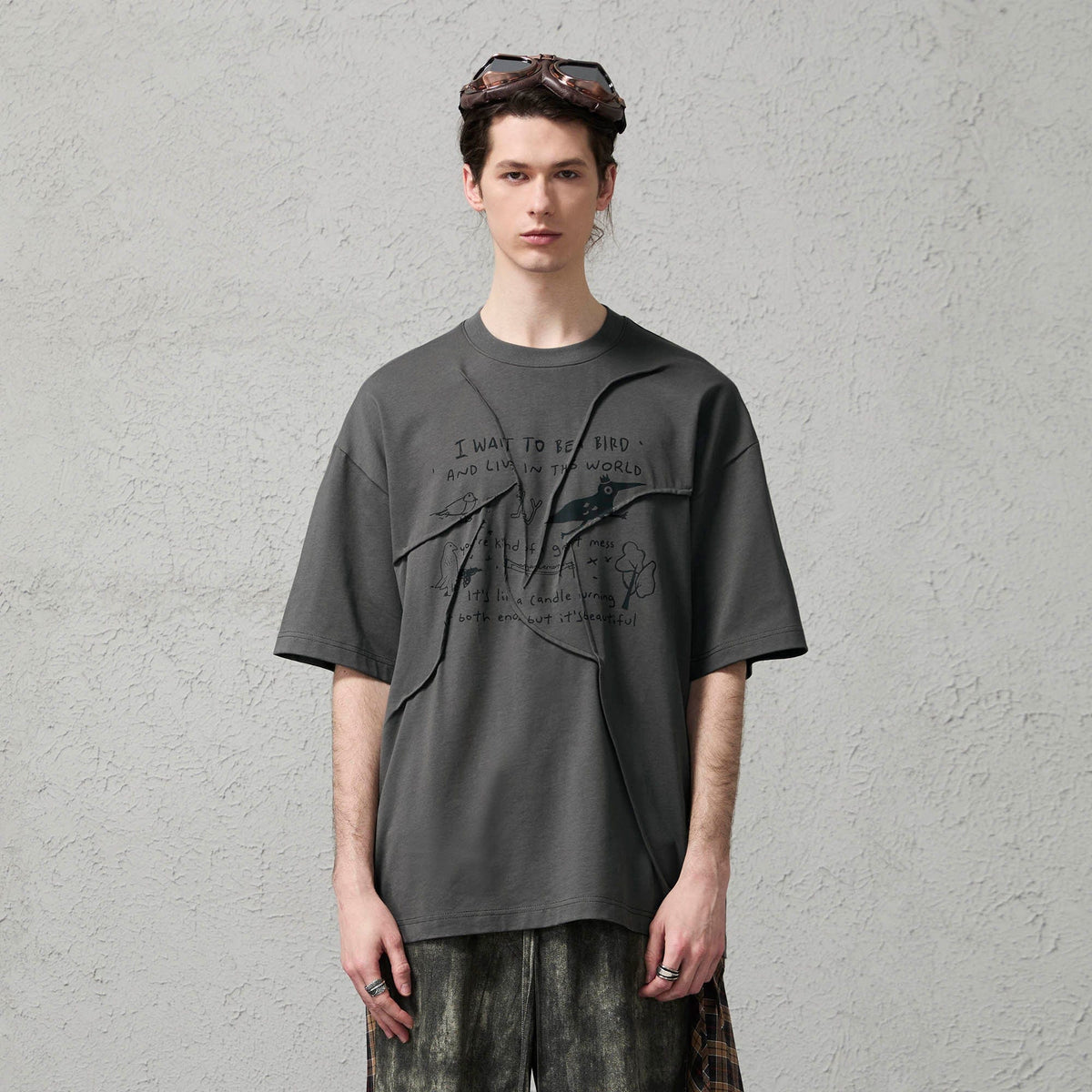 ORGANIC EMOTION Asymmetrical Pleated Script Graphic T-Shirt