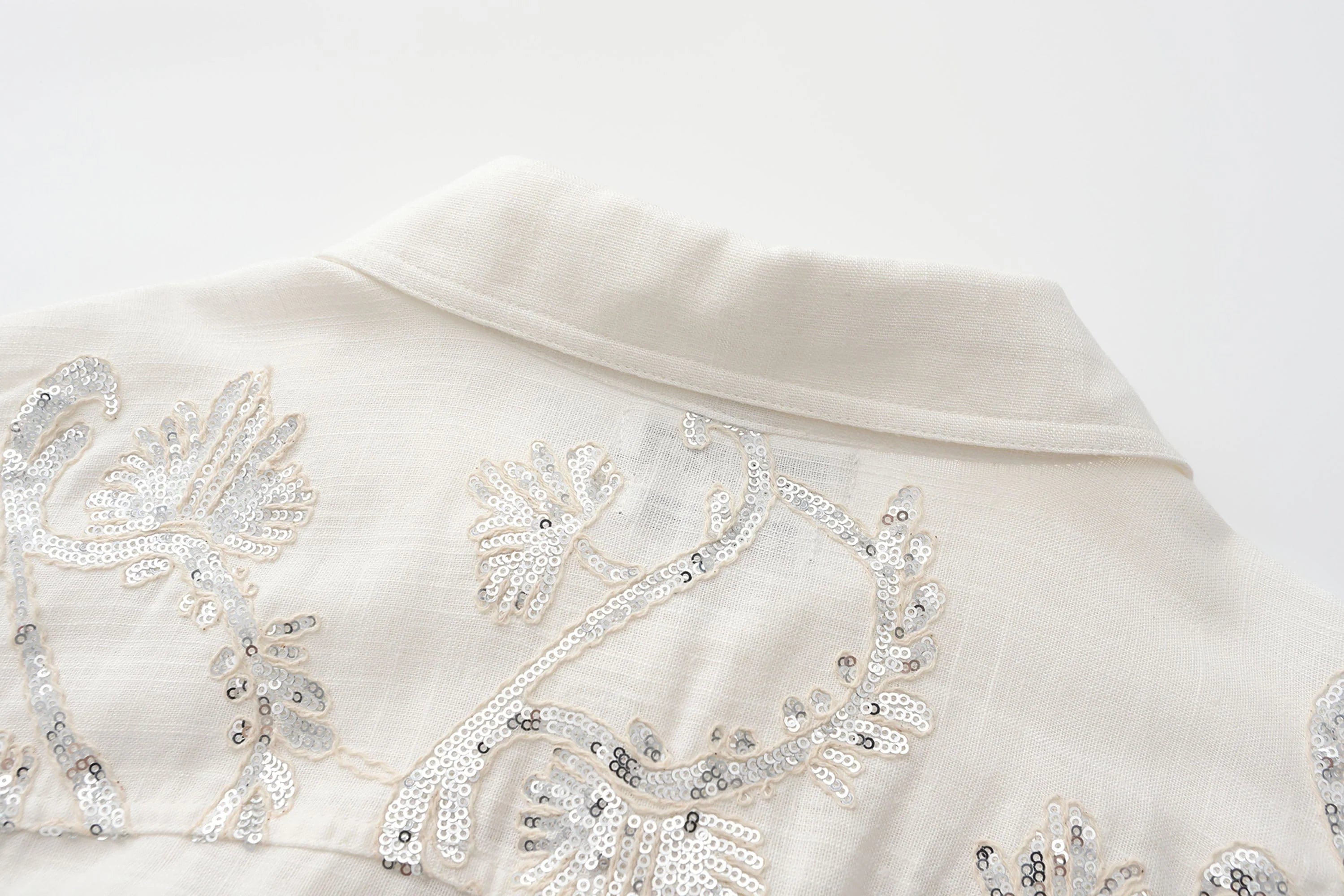 ORAL UTOPIA Ornate Sequin Embroidered Linen-Blended Tie Shirt