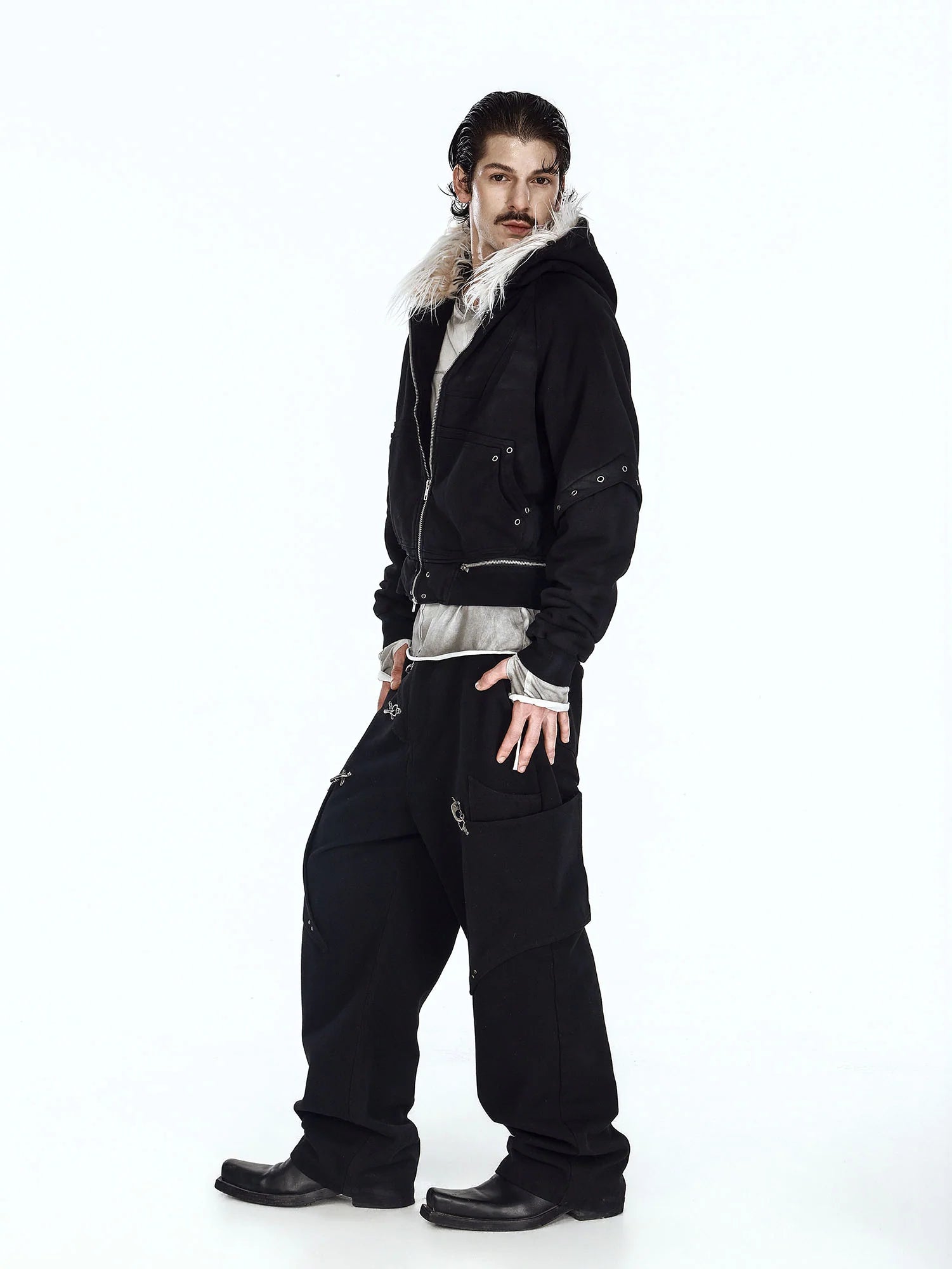 FLYERRER Detachable Faux-Fur Trim Cropped Jacket