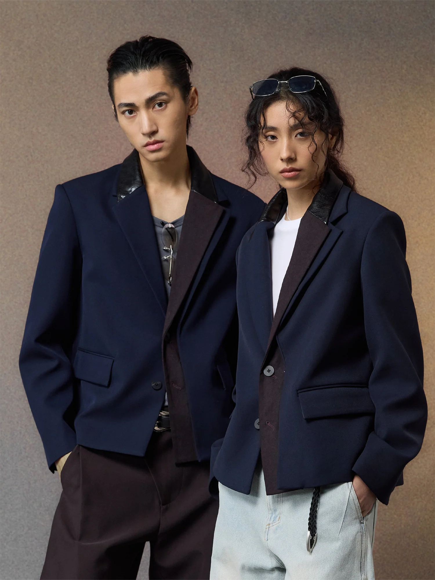 ALVNG AR ANTS Contrast PU-Panel Layered-Placket Blazer