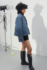 ASSEEN Washed Fringe Tweed Denim Jacket