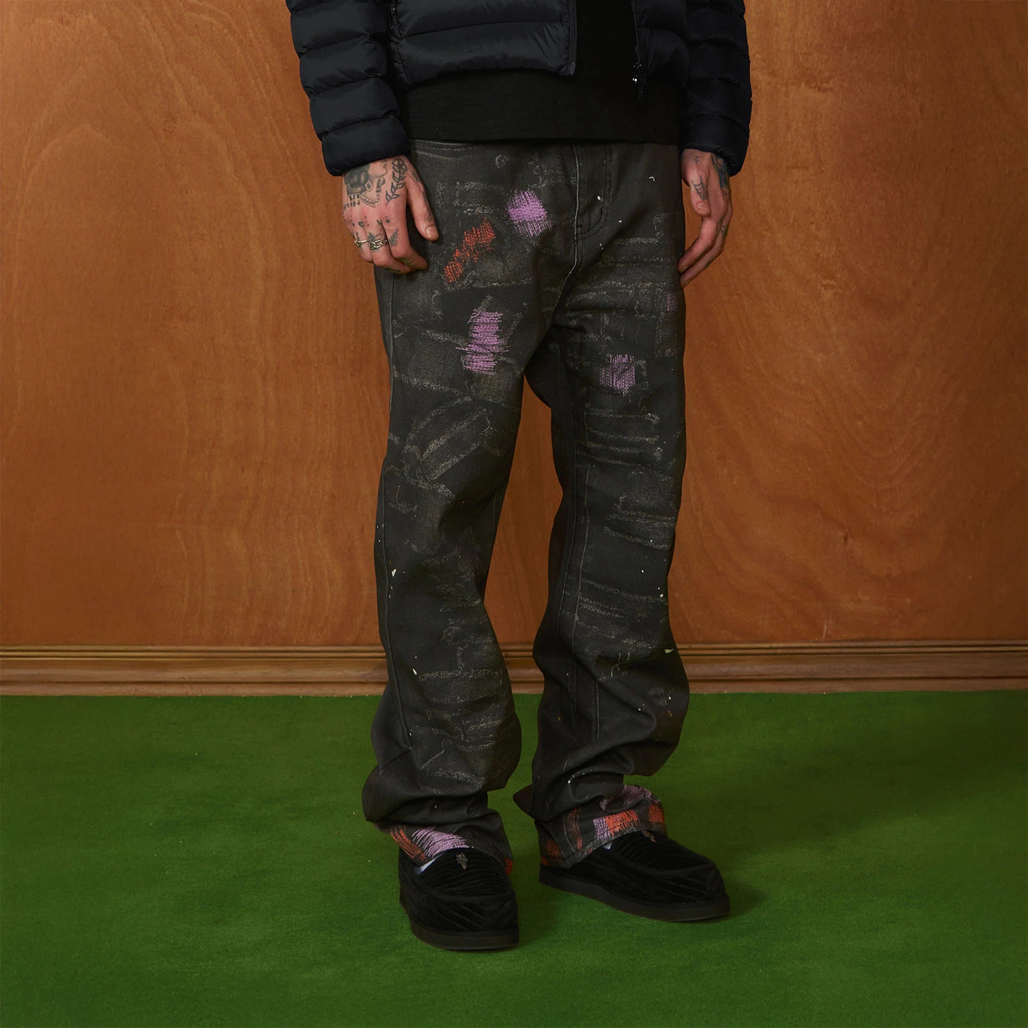 PMW Distressed Brush-Paint Straight-Leg Jeans