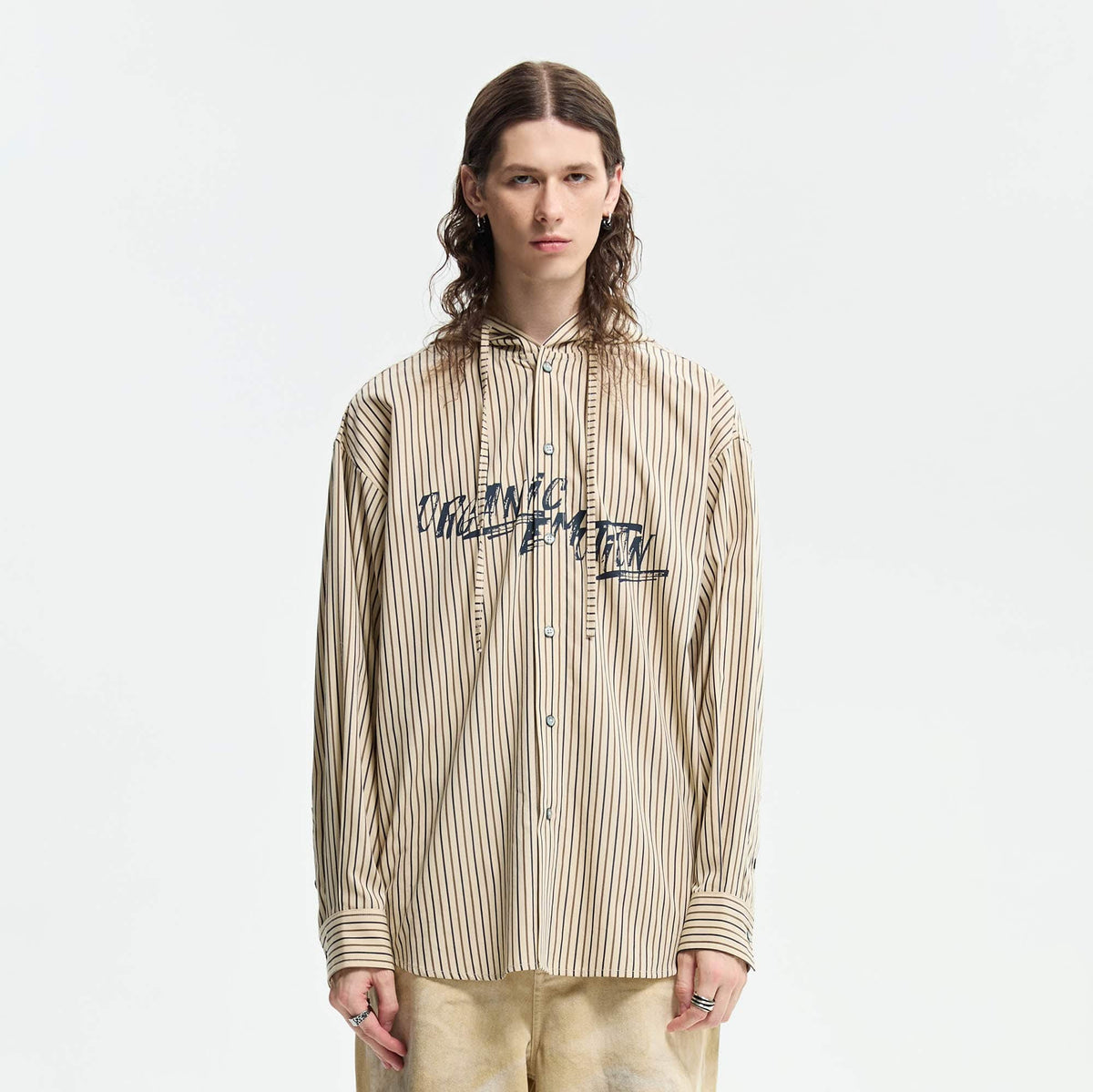 ORGANIC EMOTION Striped Drawstring Hooded Shirt