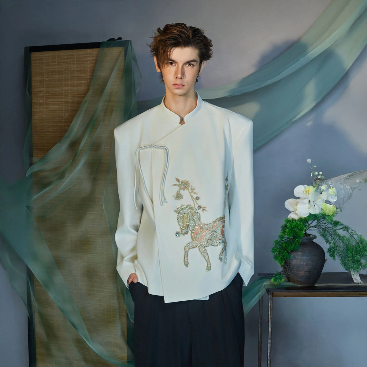JIECHI Embroidery Horse Asymmetric Wrap Jacket