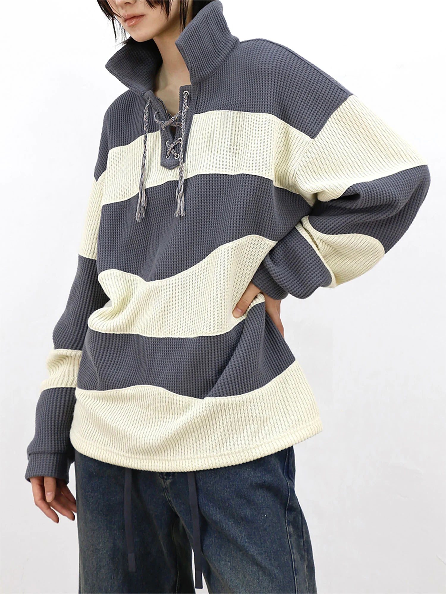 RELABEL Waffle-Knit Stripe Lace-Up Sweatshirt
