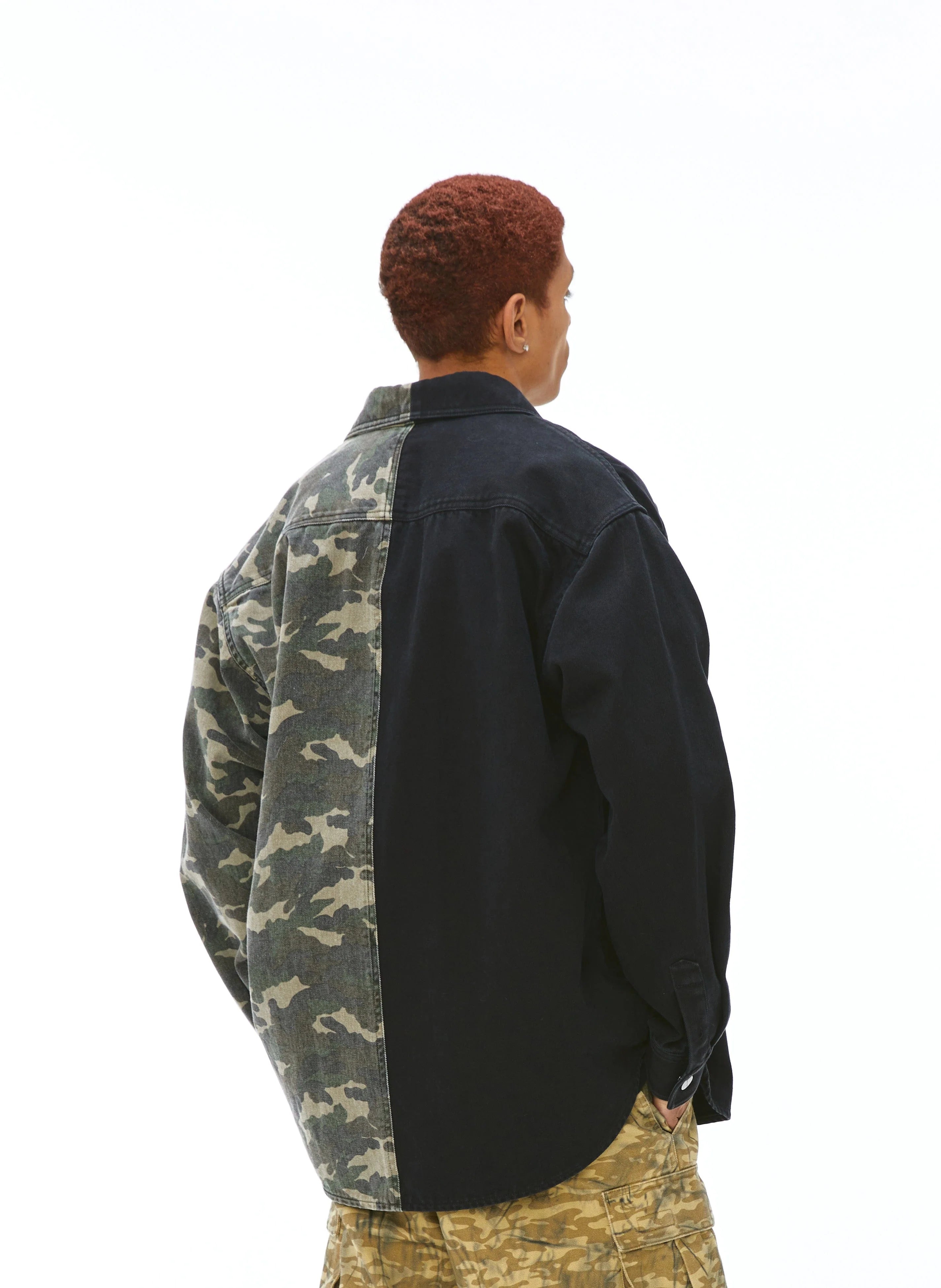 VANN VALRENCE Paneled Camo Denim Shirt
