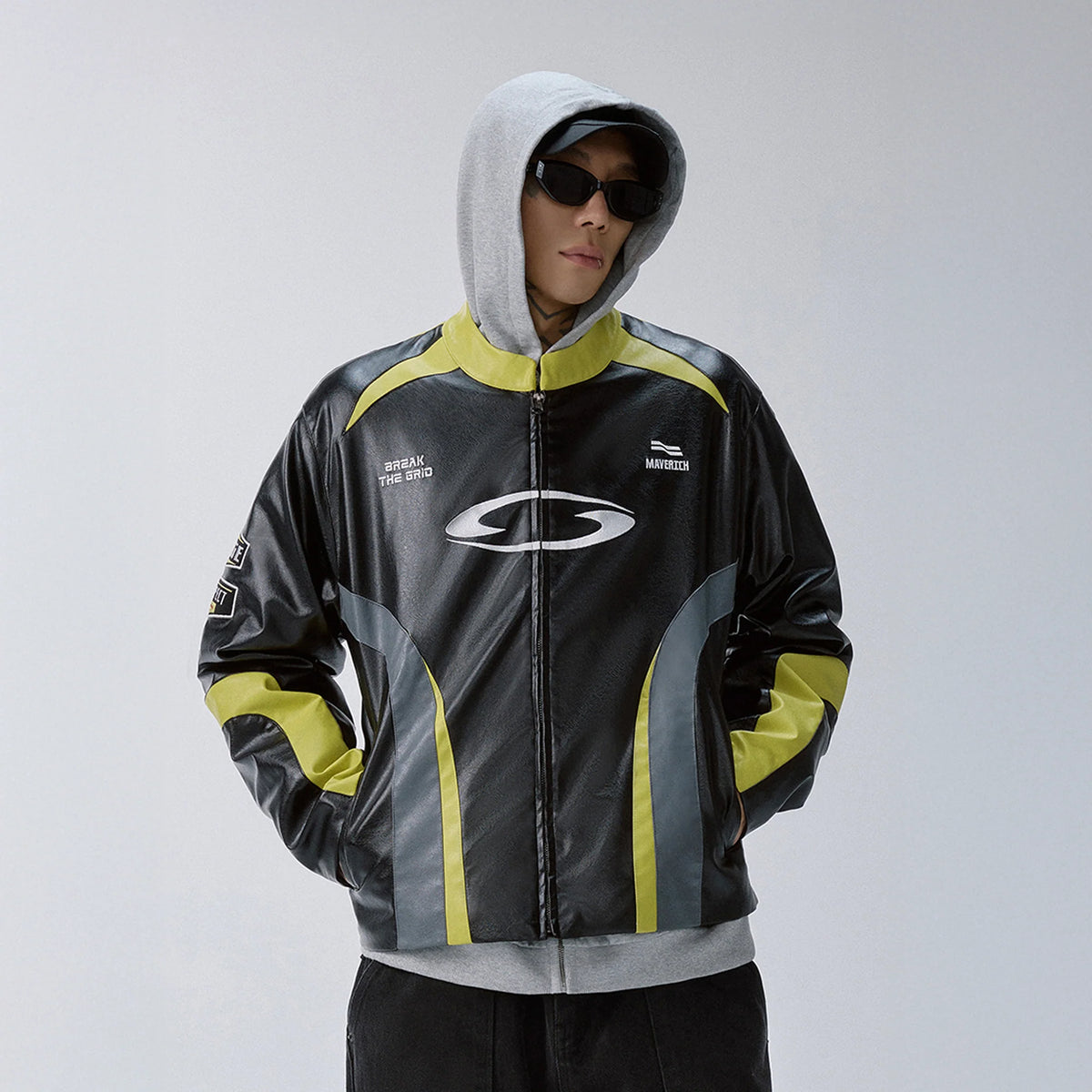 F2CE Contrast Panel Embroidered Moto Jacket