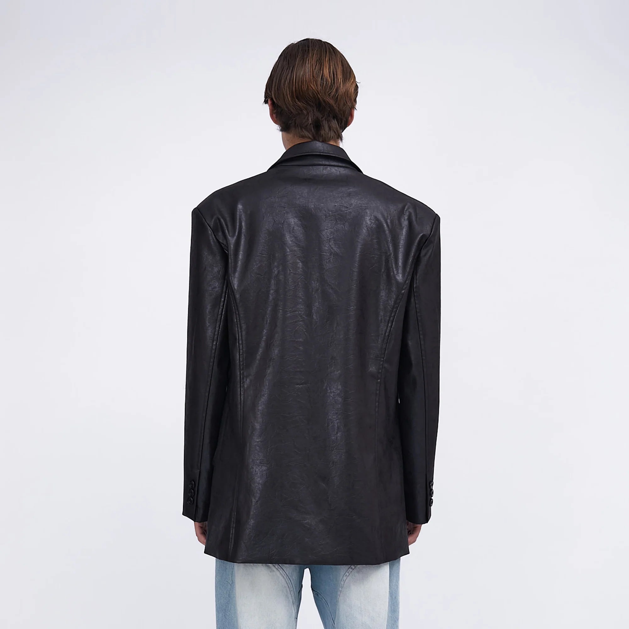 ASSEEN Oversized Faux Leather Curved Stitch Blazer