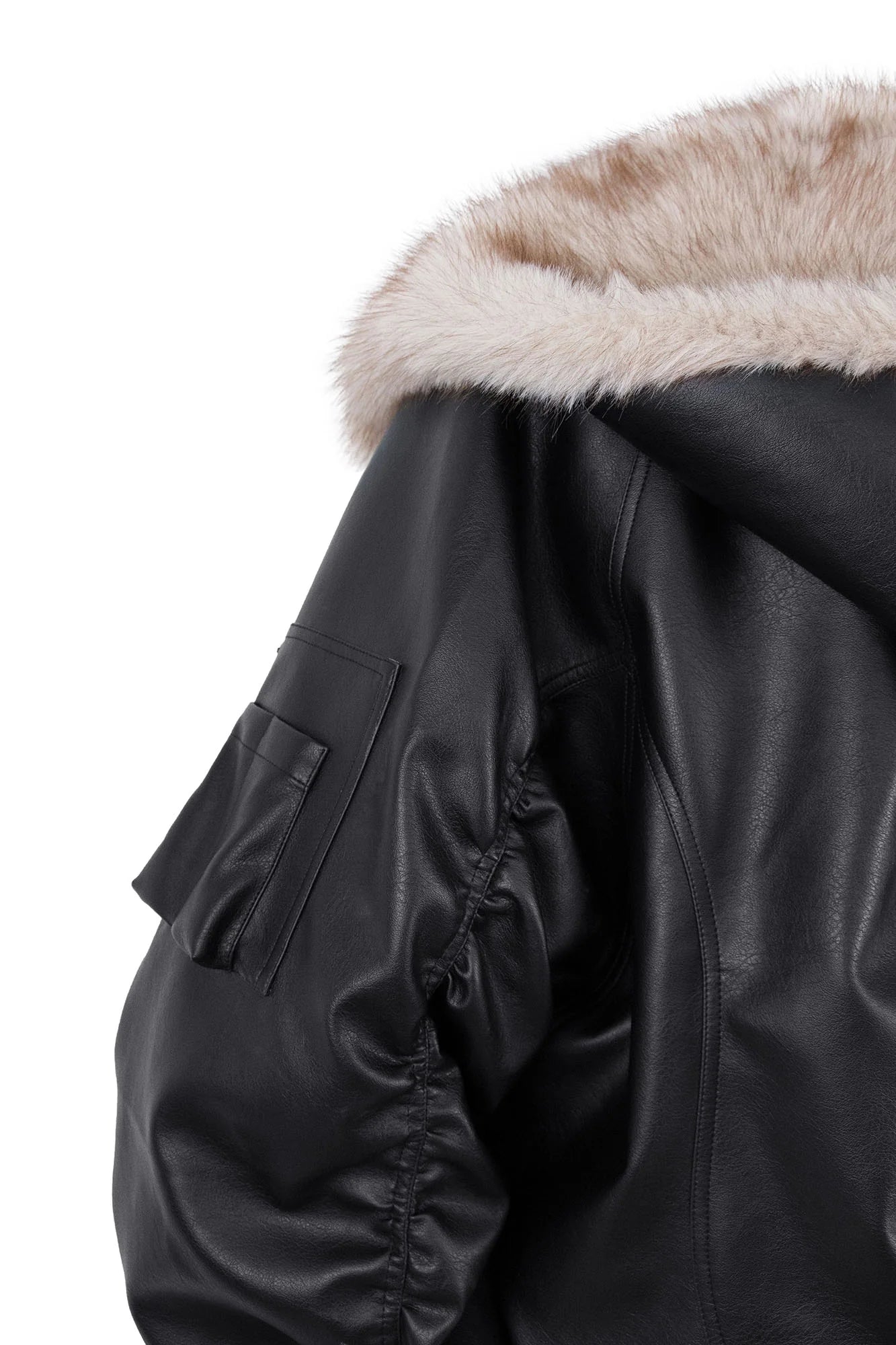 RELABEL Detachable Plush Scarf Ruched Hooded Jacket Black