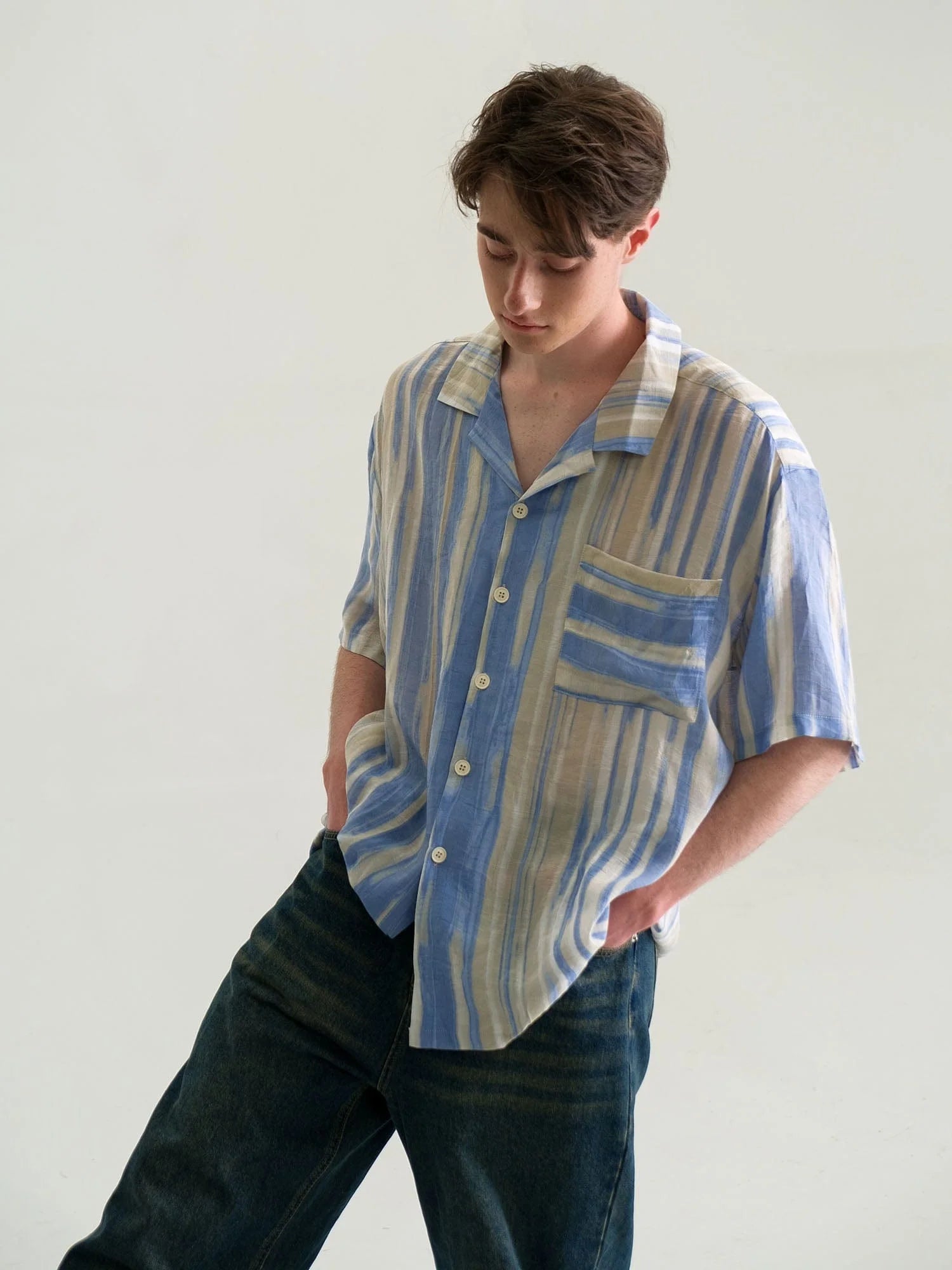 WIID Contrast Stripe Tencel Cuban Half Shirt
