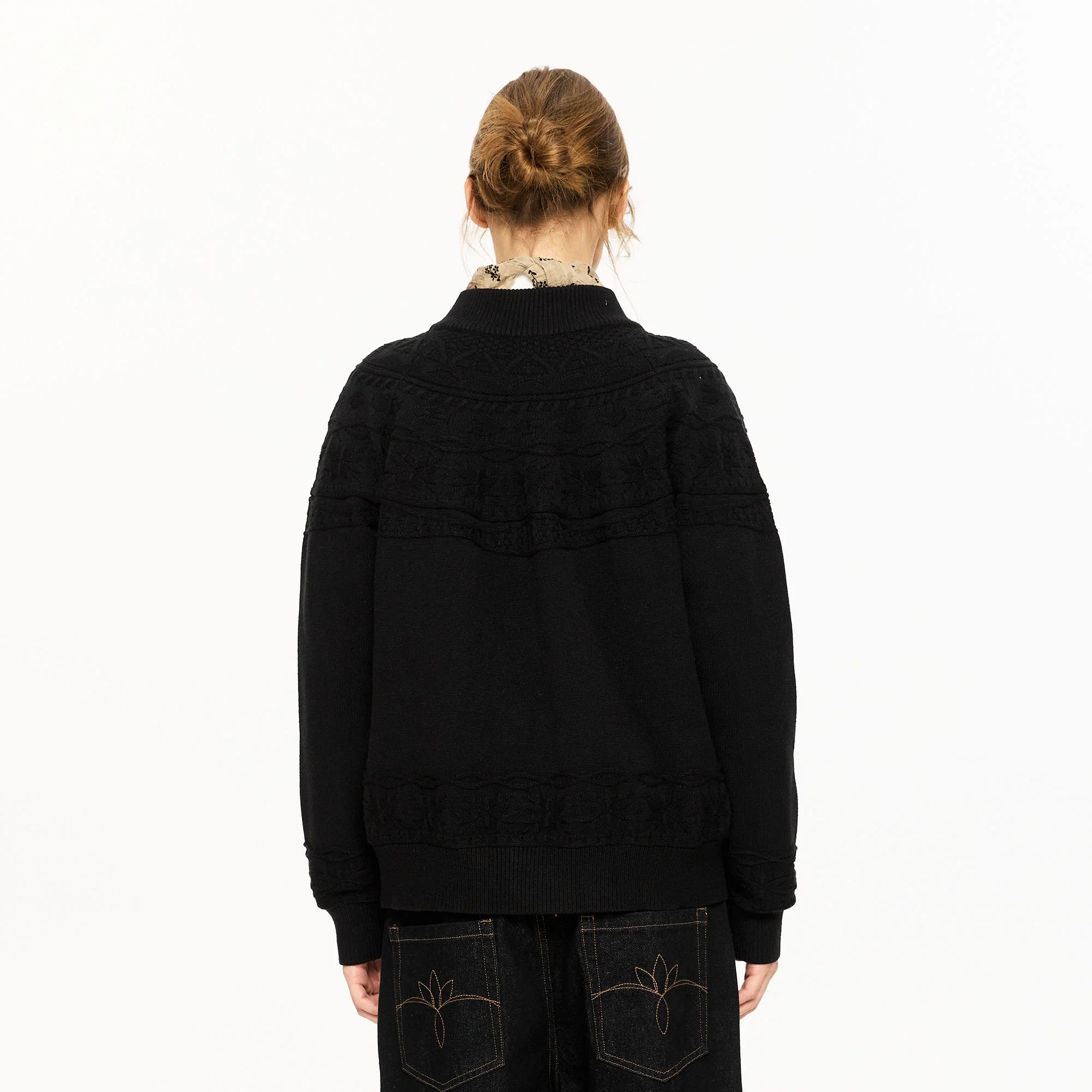 KREATE Double-Placket Jacquard Yoke Cardigan