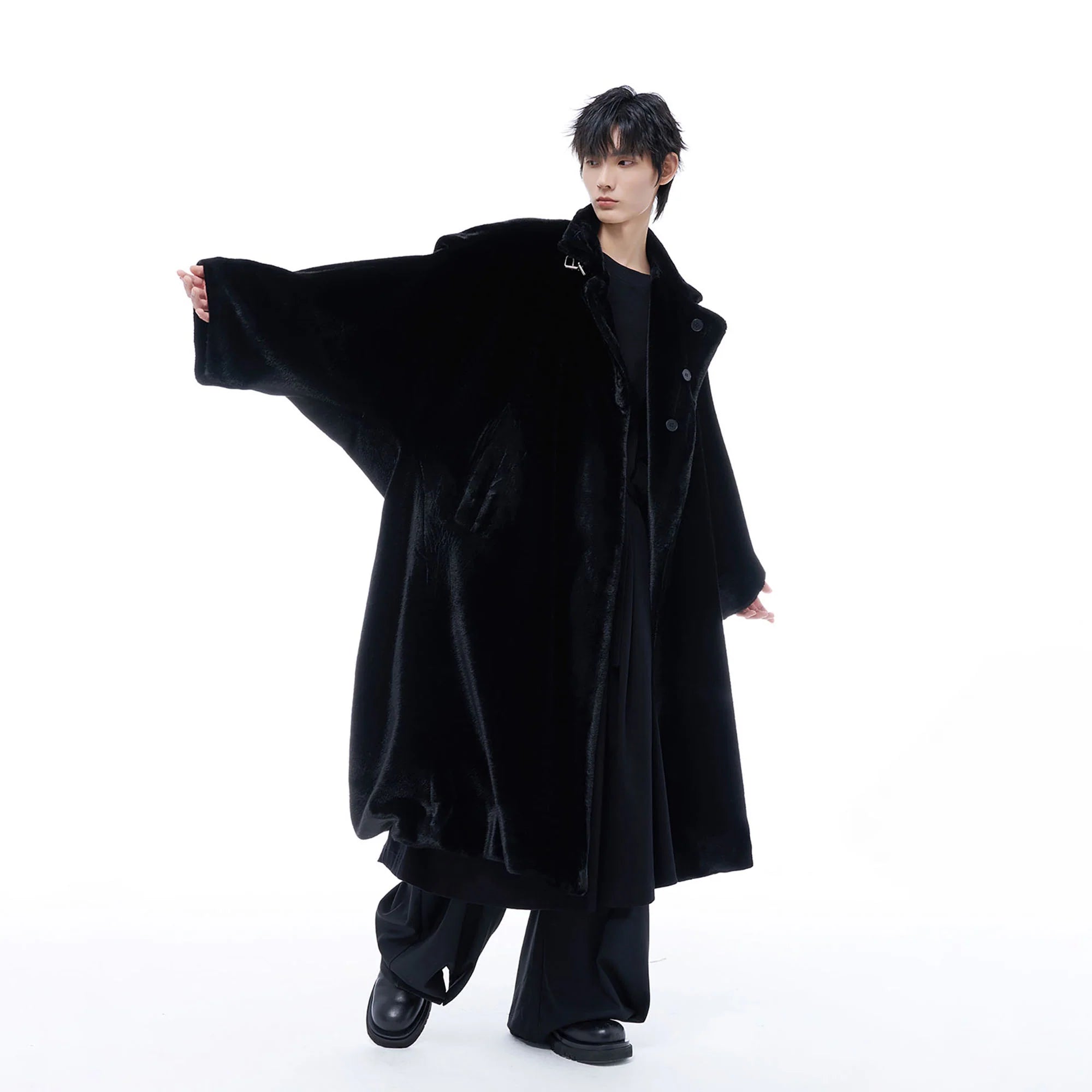 TUIMU Belted High Collar Faux Mink Overcoat