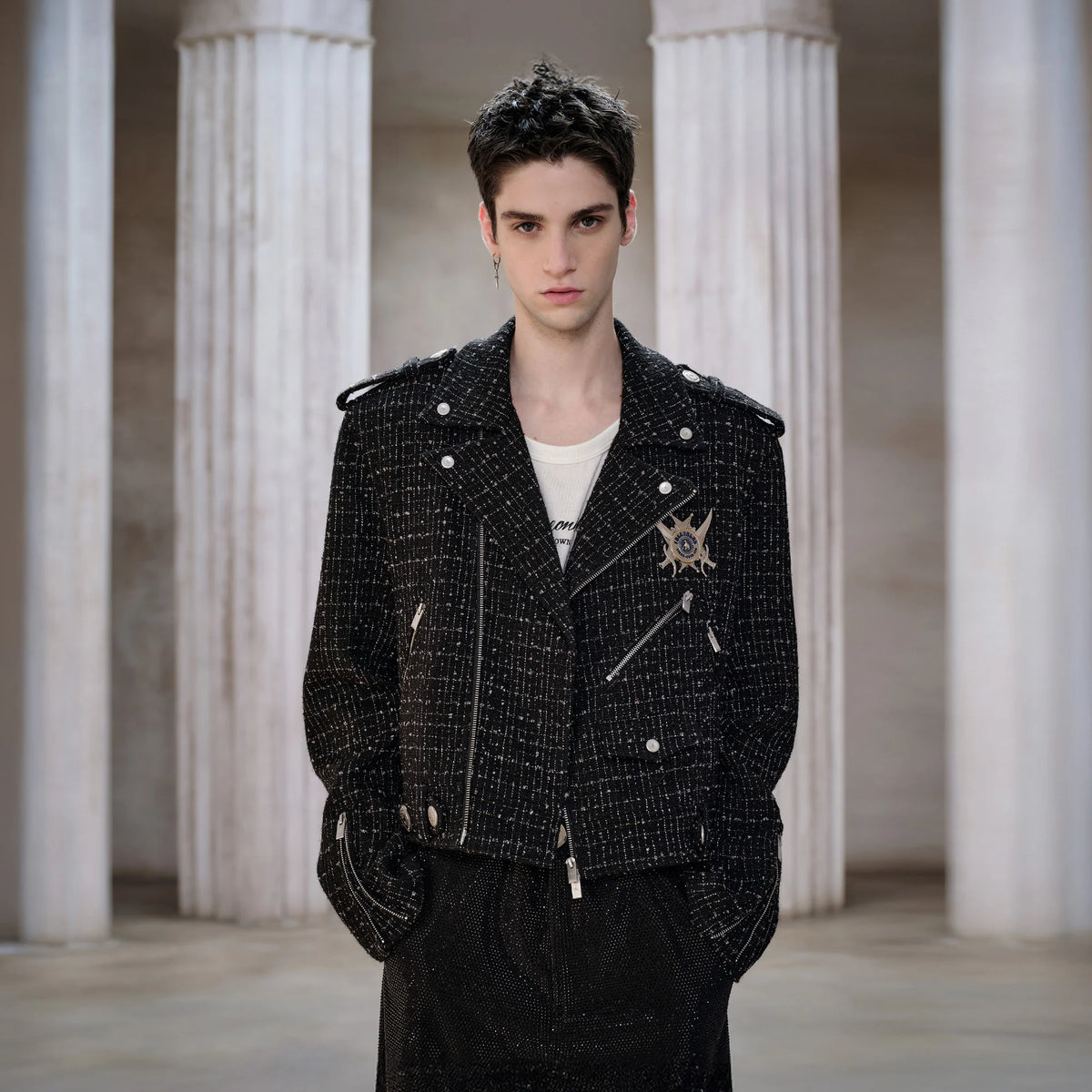 FACEONLAB Metal Badge Multi-Zip Tweed Biker Jacket