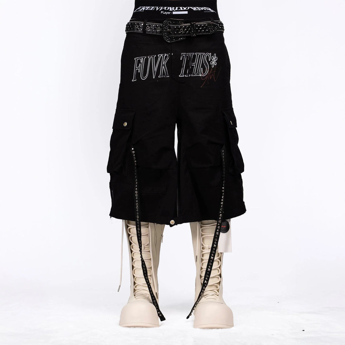 FVVO Distressed Rivet Strap Cargo Shorts Black