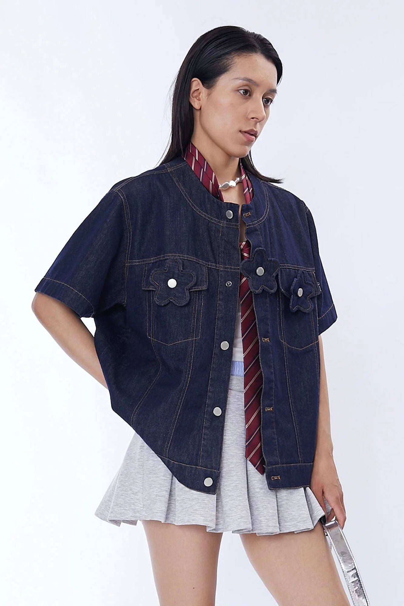 ASSEEN Flower Patchwork Stitched Raw Denim Half Shirt