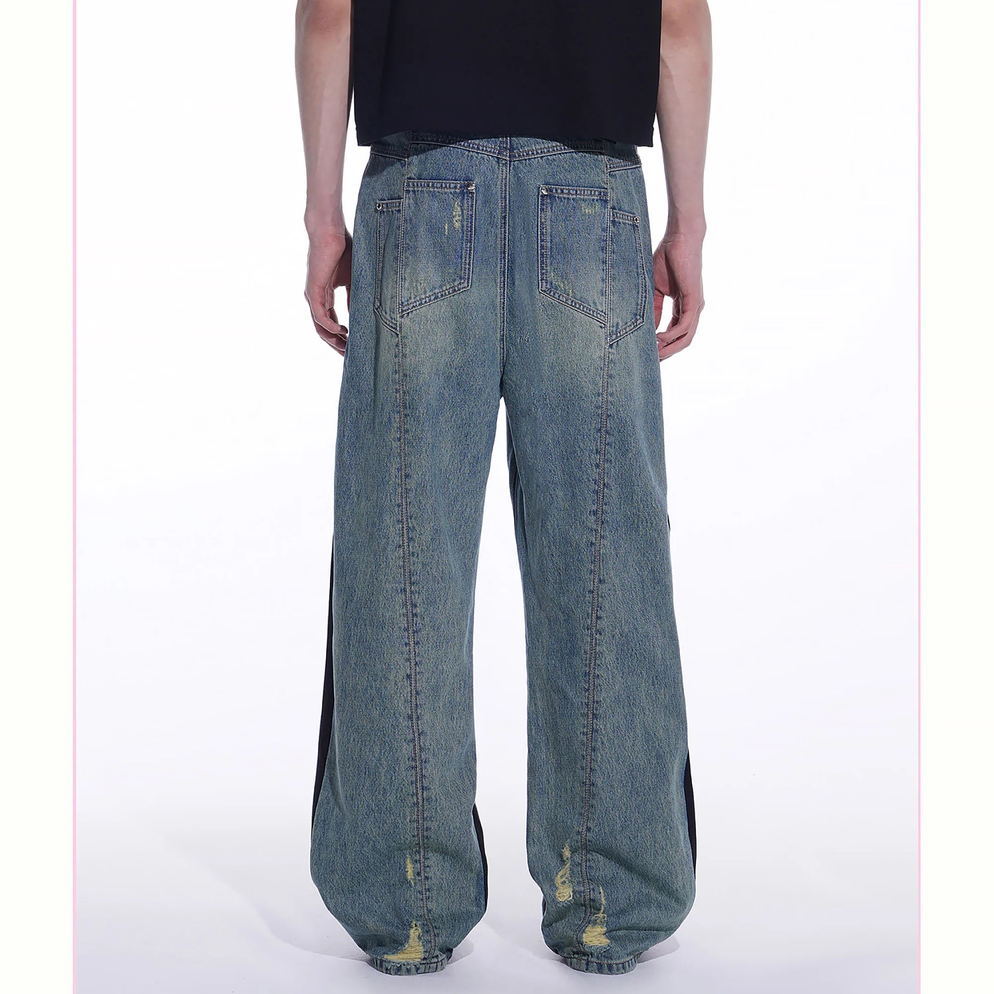 TIWILLTANG Distressed Contrast Paneled Wide-Leg Jeans