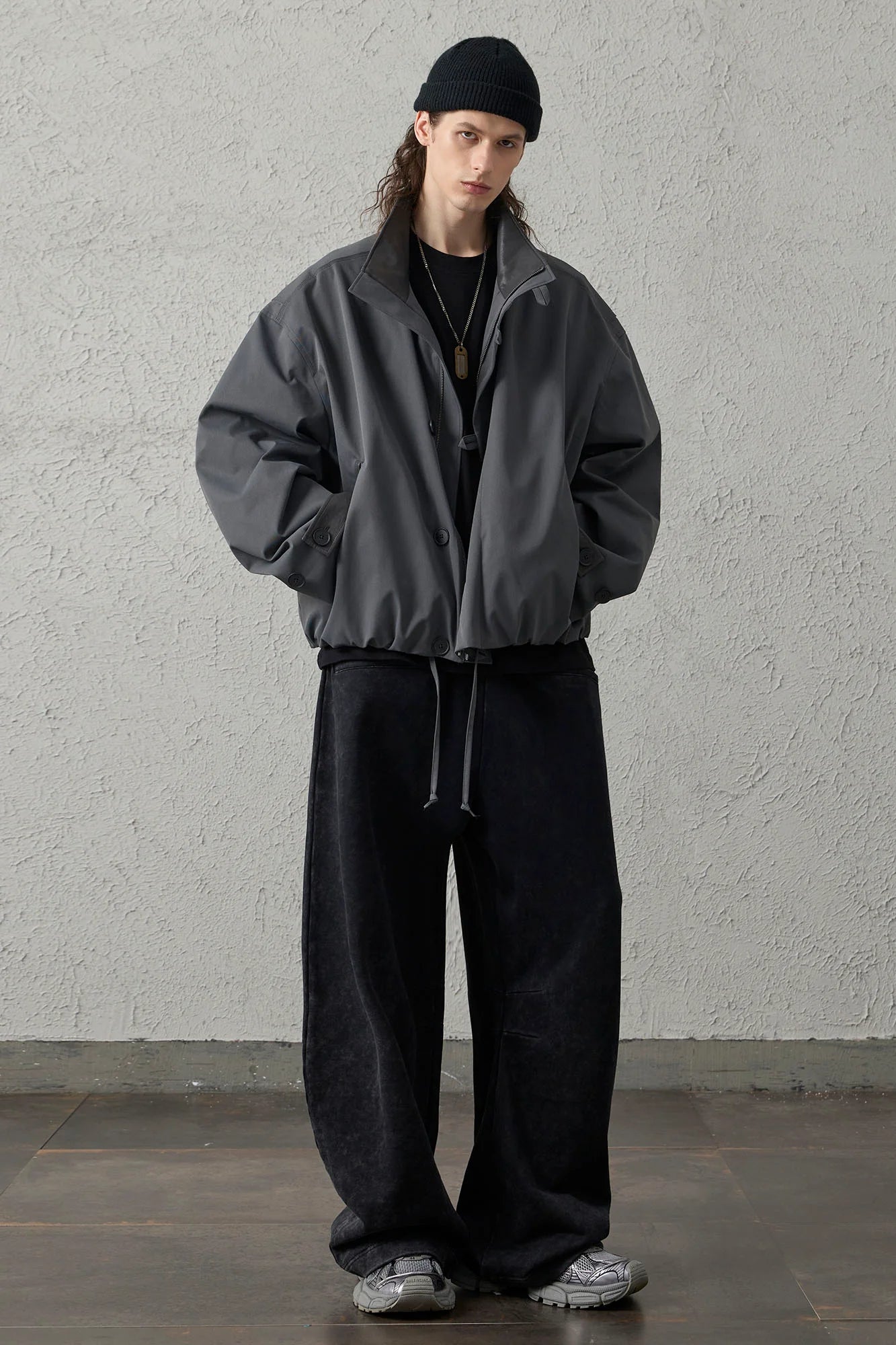 ORGANIC EMOTION Stand Collar PU Drawstring Jacket