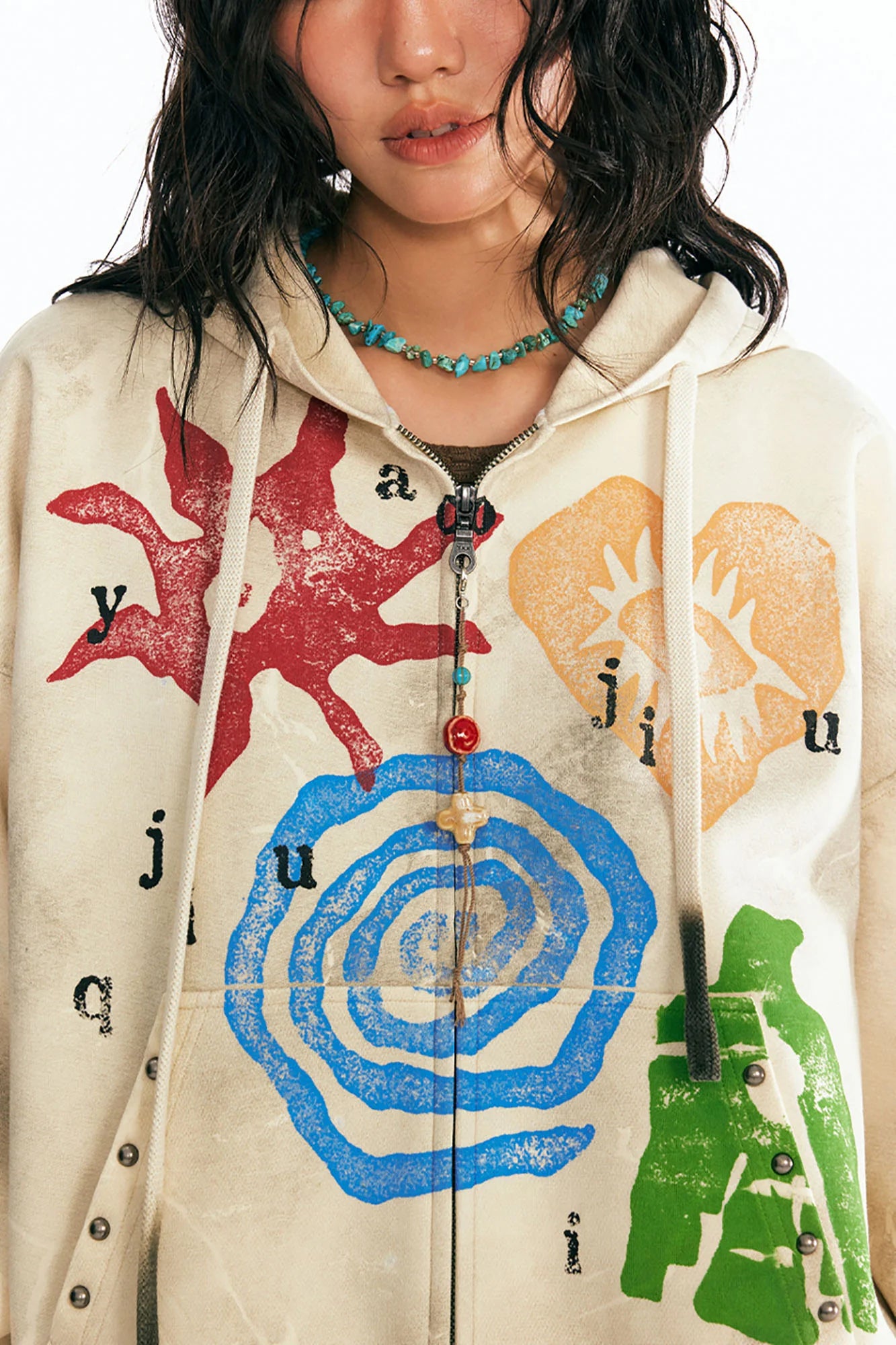 1997 POSTOFFICE Distressed Tribal Graphics Zip- Up Hoodie
