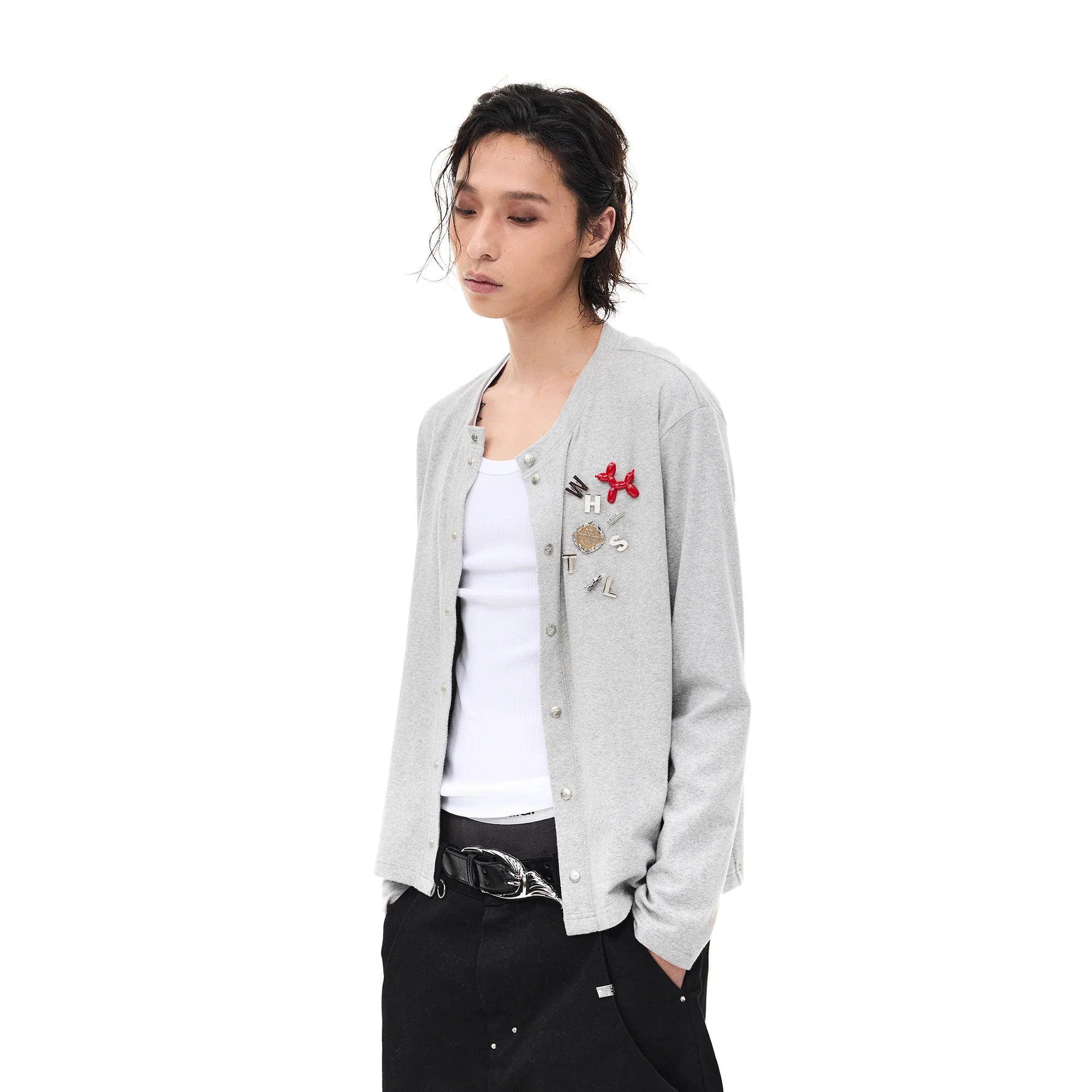 WHISTLEHUNTER Monogram Pin Wool-Blend Snap Cardigan