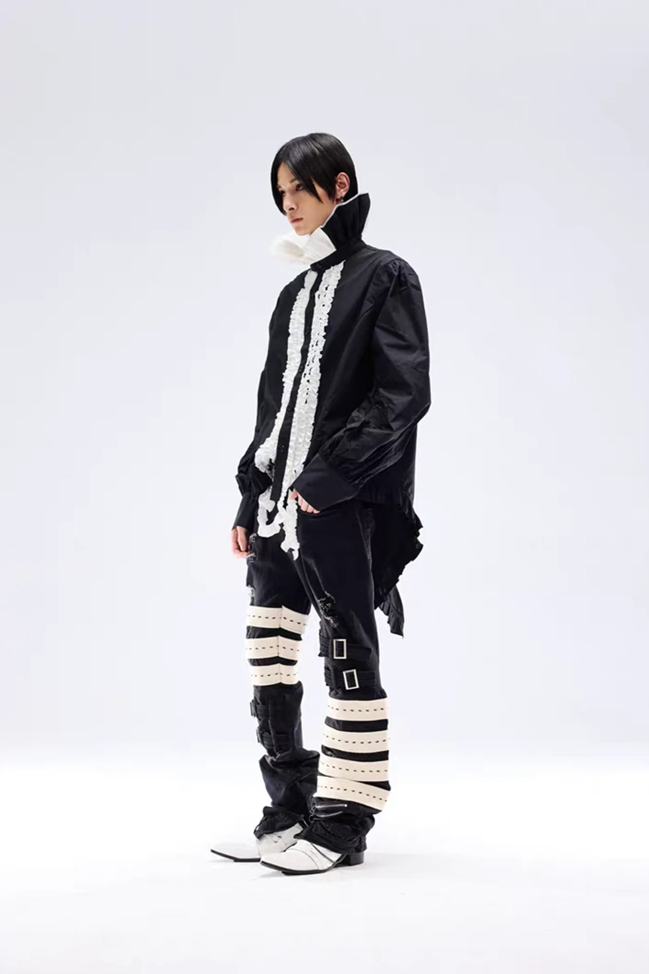 NOTHINGNESS WORLD Ruffle Bib Handkerchief-Hem Oversized Shirt
