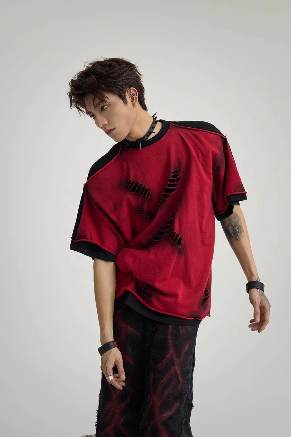FLYERRER Double-Layered Ripped T-Shirt Red