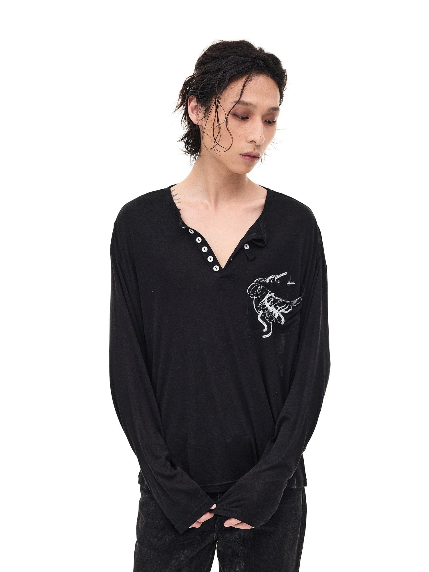 WHISTLEHUNTER Merino-Tencel Henley Graphic Long-Sleeve Tee