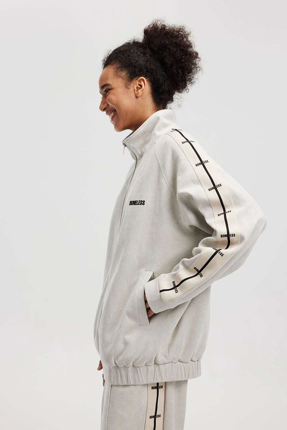 BONELESS Contrasted Striped Faux Suede Jacket