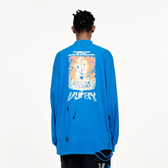 ULIPERY Distressed USB Graphic Long Sleeve Tee Blue