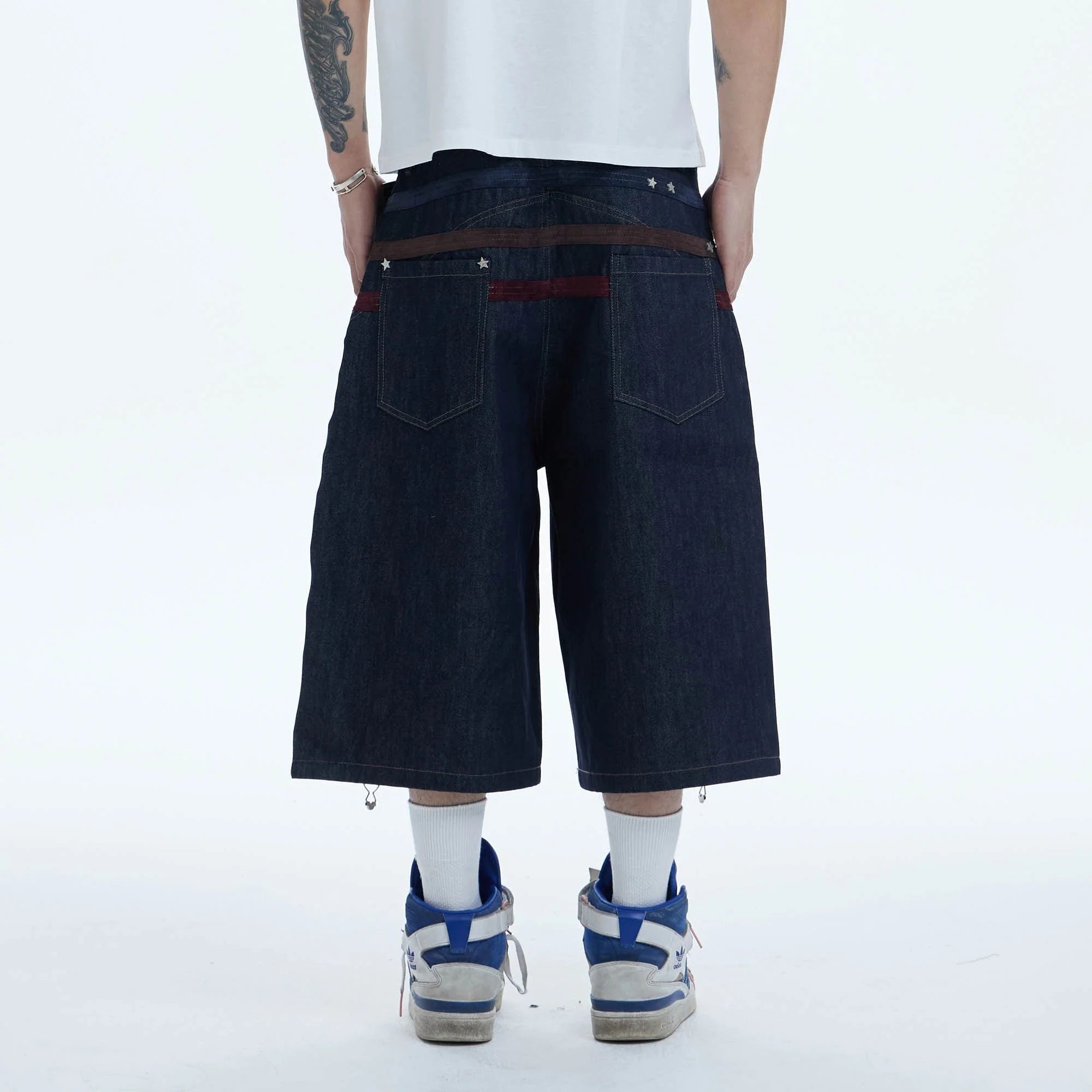 DND4DES Star-Rivet Harness-Layered Denim Shorts