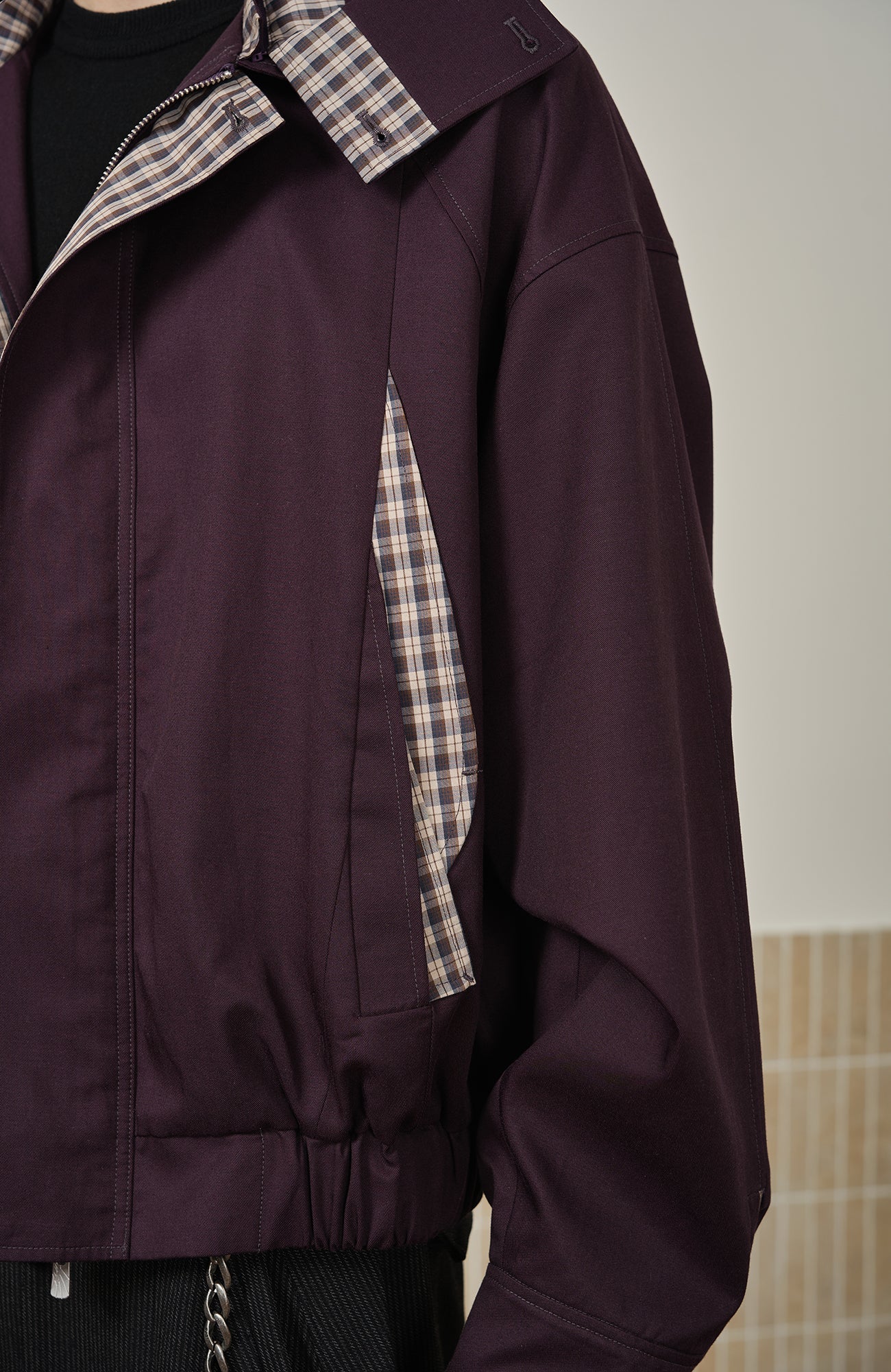 MOITIEDEPETALE Convertible Collar & Hood Plaid Pocket Jacket