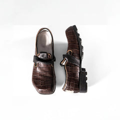 REWRITE Croc-Embossed Strap Loafers Brown