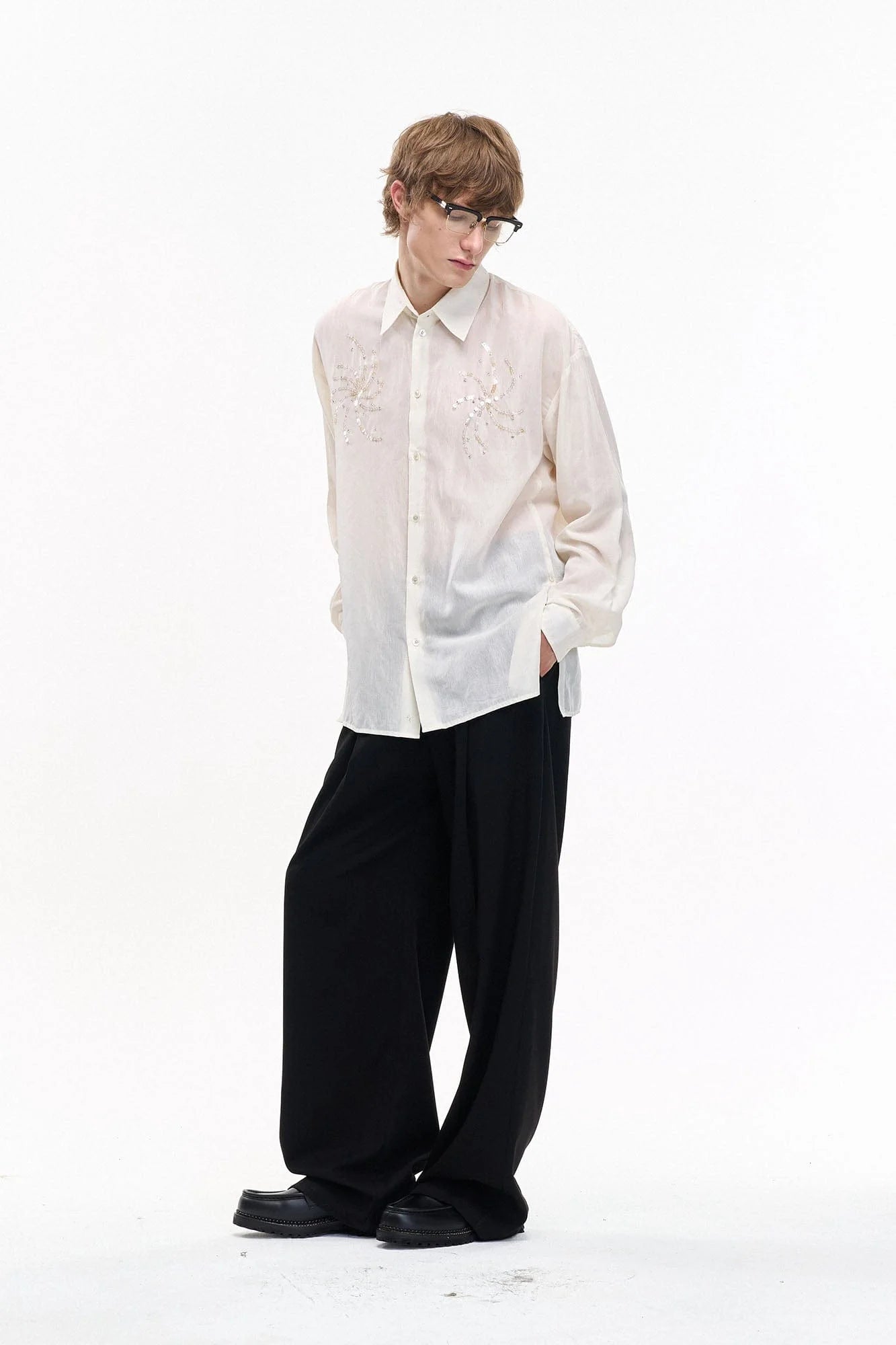 LEONSENSE Firework Embroidered Sequin Sheer Tencel Shirt