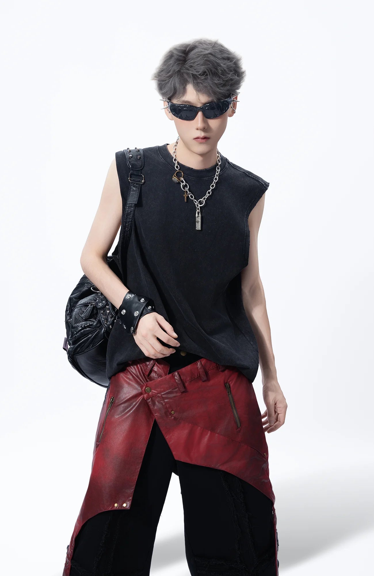 MOGONGSHE Detachable PU Drape  Frayed Cross Jeans
