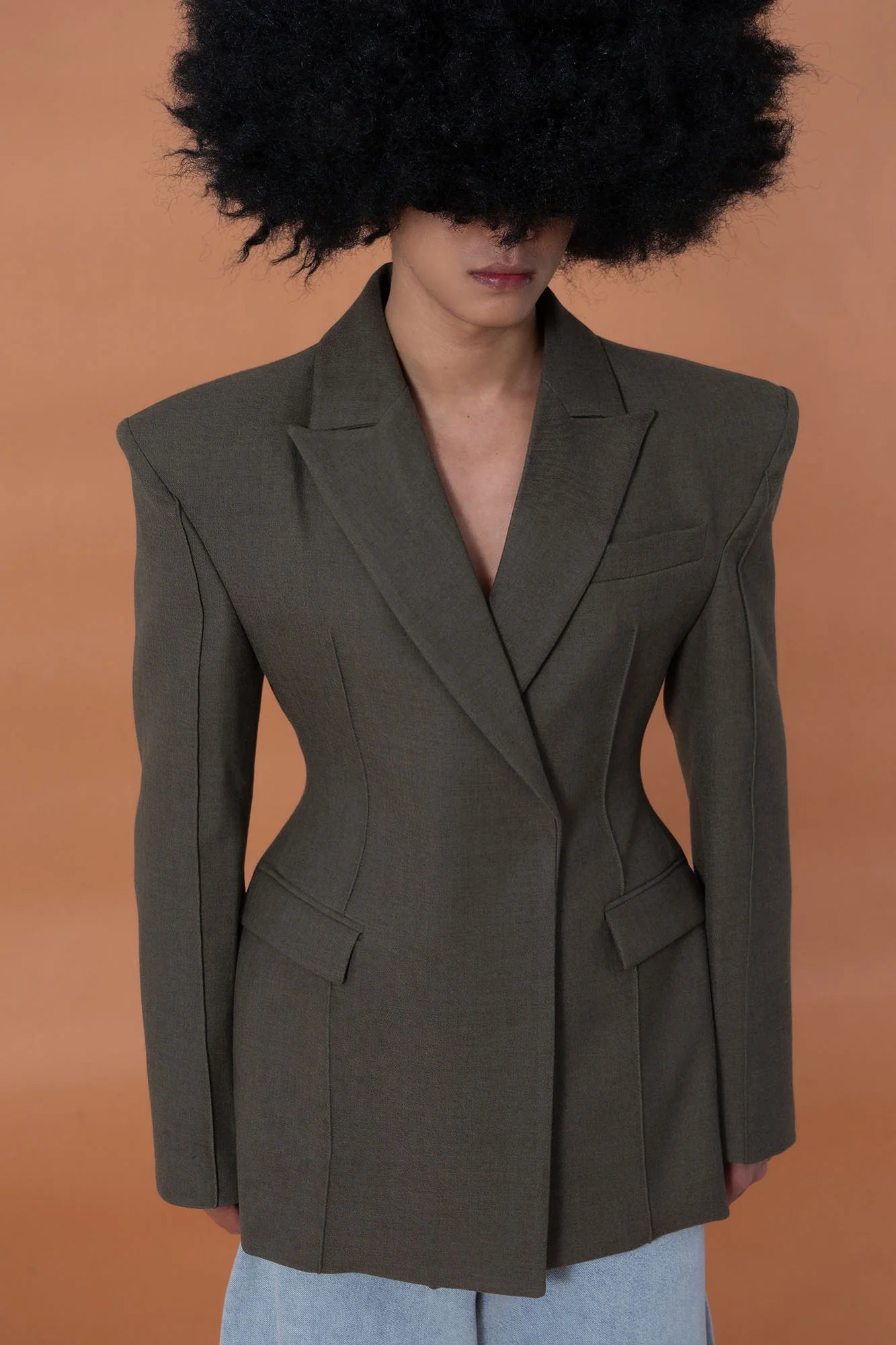 CLP Cinched-Waist Padded Shoulder Blazer Brown