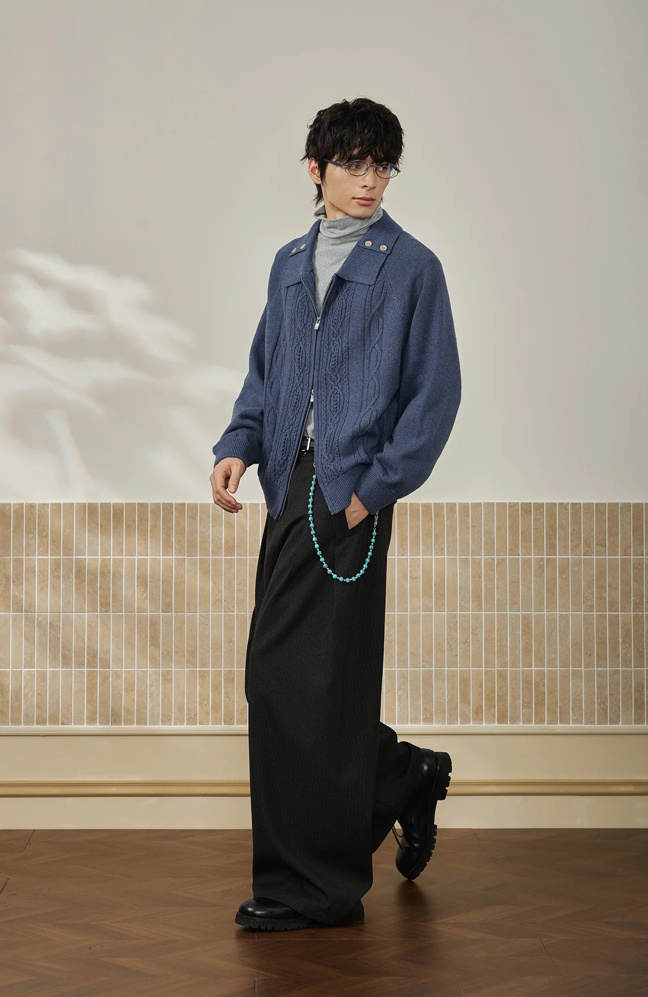 MOITIEDEPETALE Modern Cable-Knit Zip-Up Cardigan