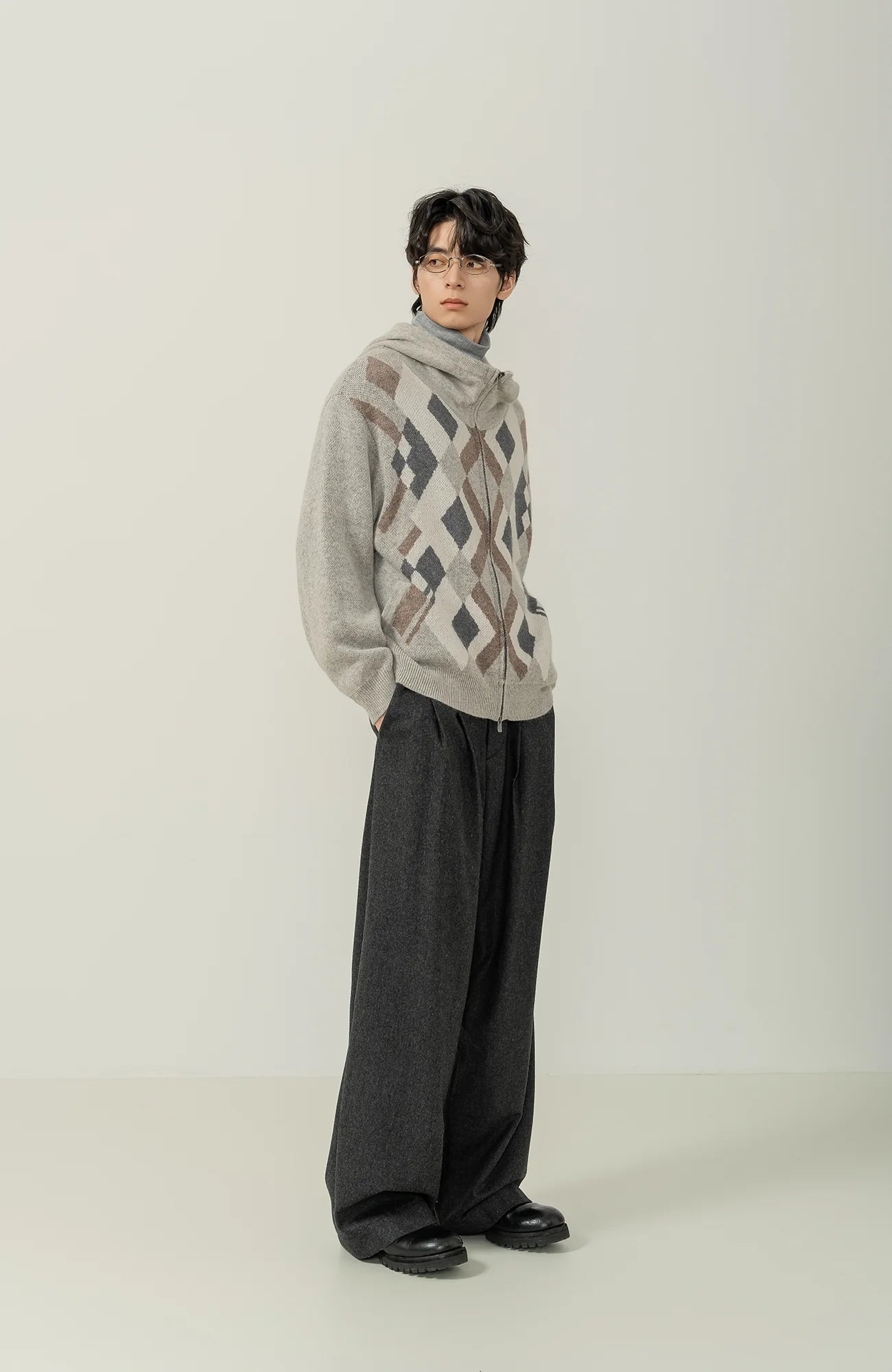 MOITIEDEPETALE Argyle Dual Zip Hooded Cardigan